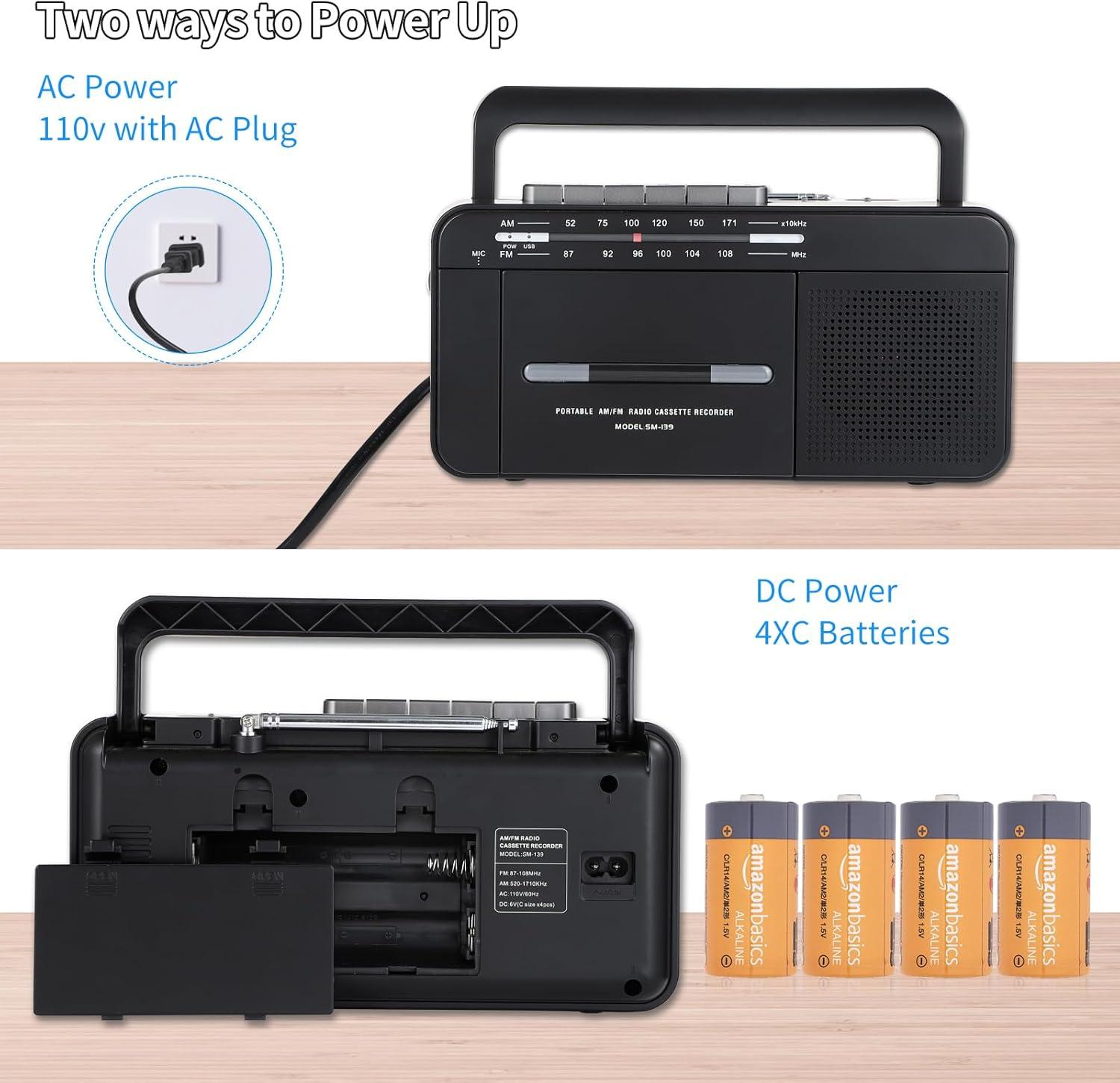 Boombox MP3 Conversion Cassette Tape Player Recorder AM FM Radio, Cassette to MP3 Digital Converter, USB Recording, Built-in Microphone, Big Speaker and Earphone Jack by AC or C Batteries