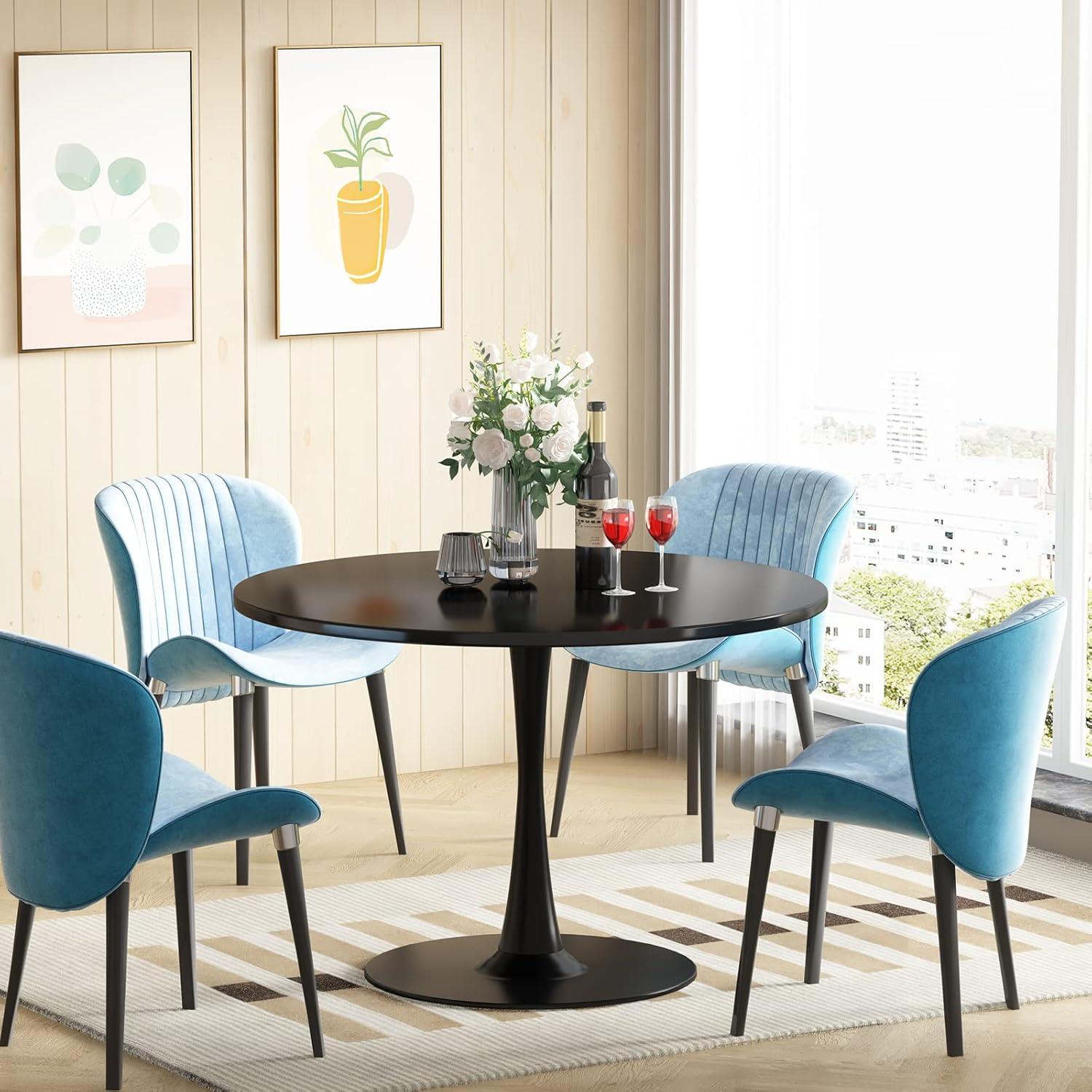 Black Round Mid-Century Modern Dining Table with Pedestal Base