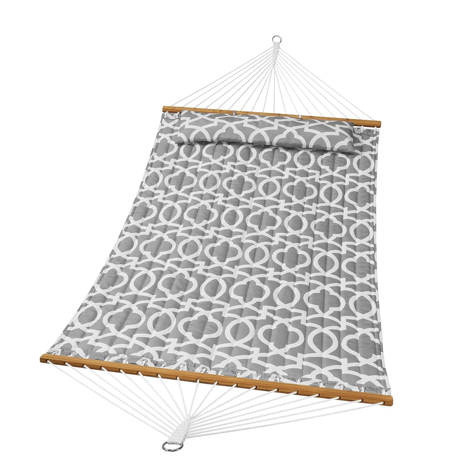 Double Quilted 12 FT Hammock for 2 Persons, Hardwood Spreader Bars, 480 lbs Capacity, with Detachable Pillow and Chains - Ideal for Outdoor Camping, Patio, Beach, and Yard Relaxation