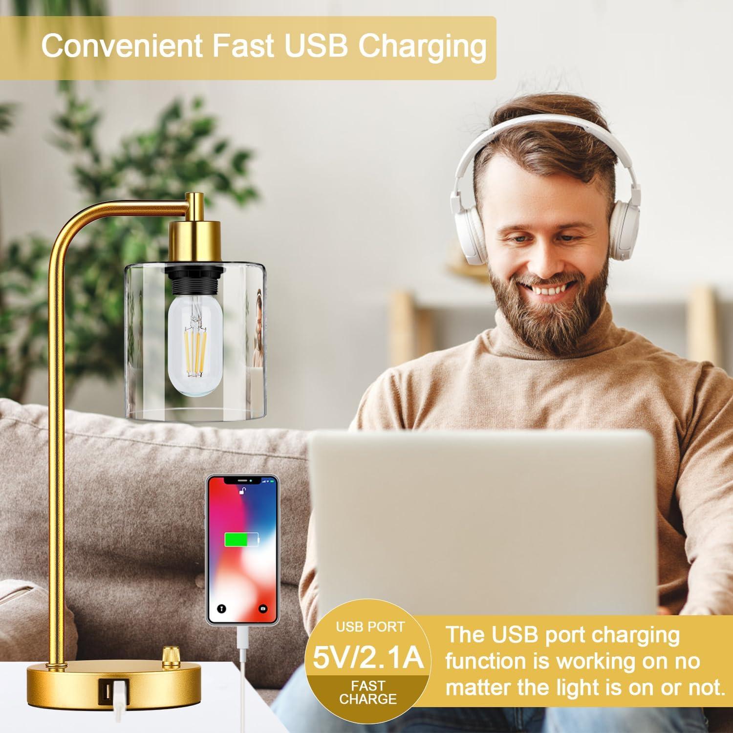 【Upgraded】Set of 2 Industrial Table Lamps with 2 USB Port, Fully Stepless Dimmable Bedside Lamps for Bedroom, Nightstand Desk Lamps with Glass Shade for Bedroom Living Room Office 2 LED Bulb Included