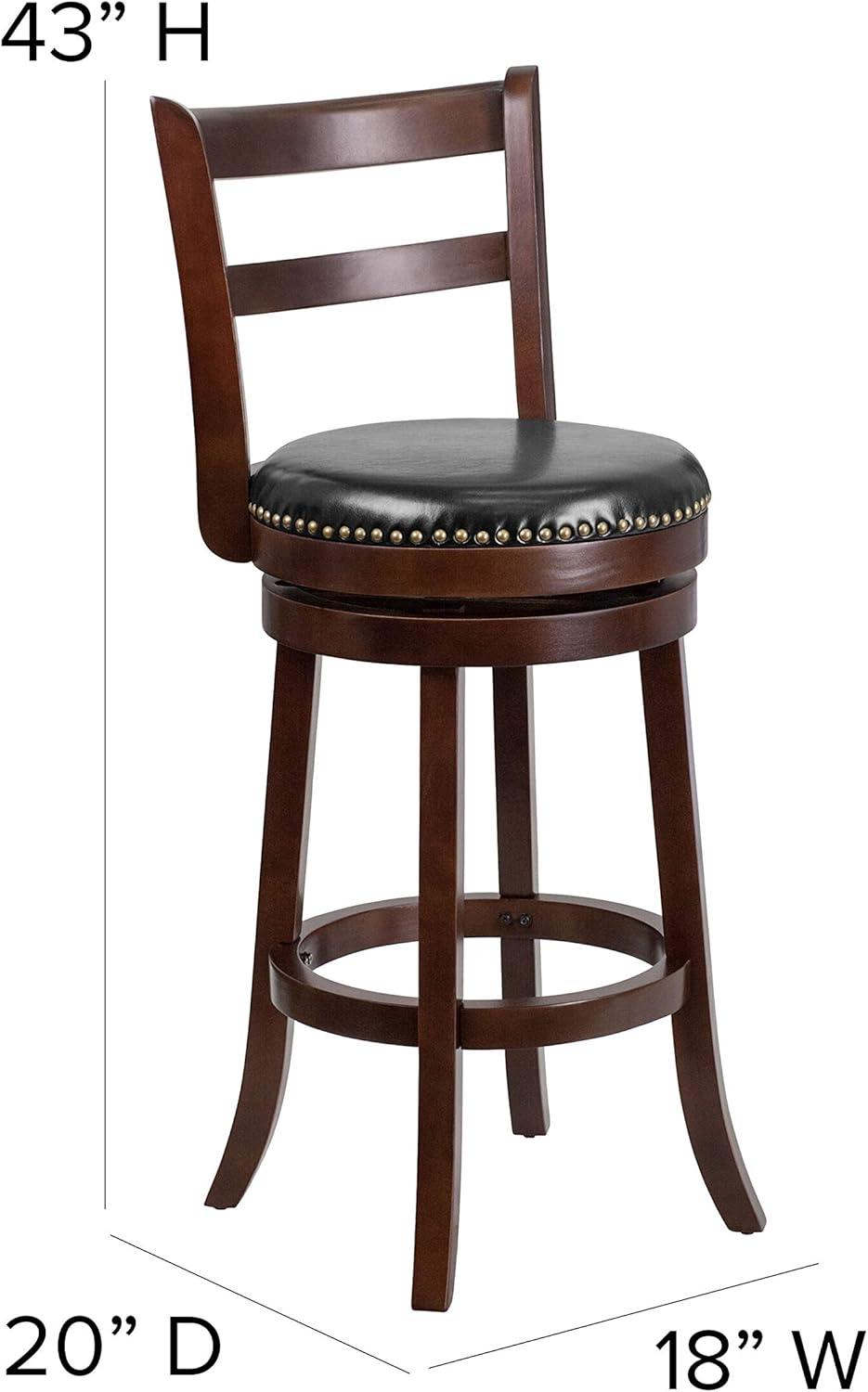 Flash Furniture Becca 30'' High Cappuccino Wood Barstool with Single Slat Ladder Back and Black LeatherSoft Swivel Seat