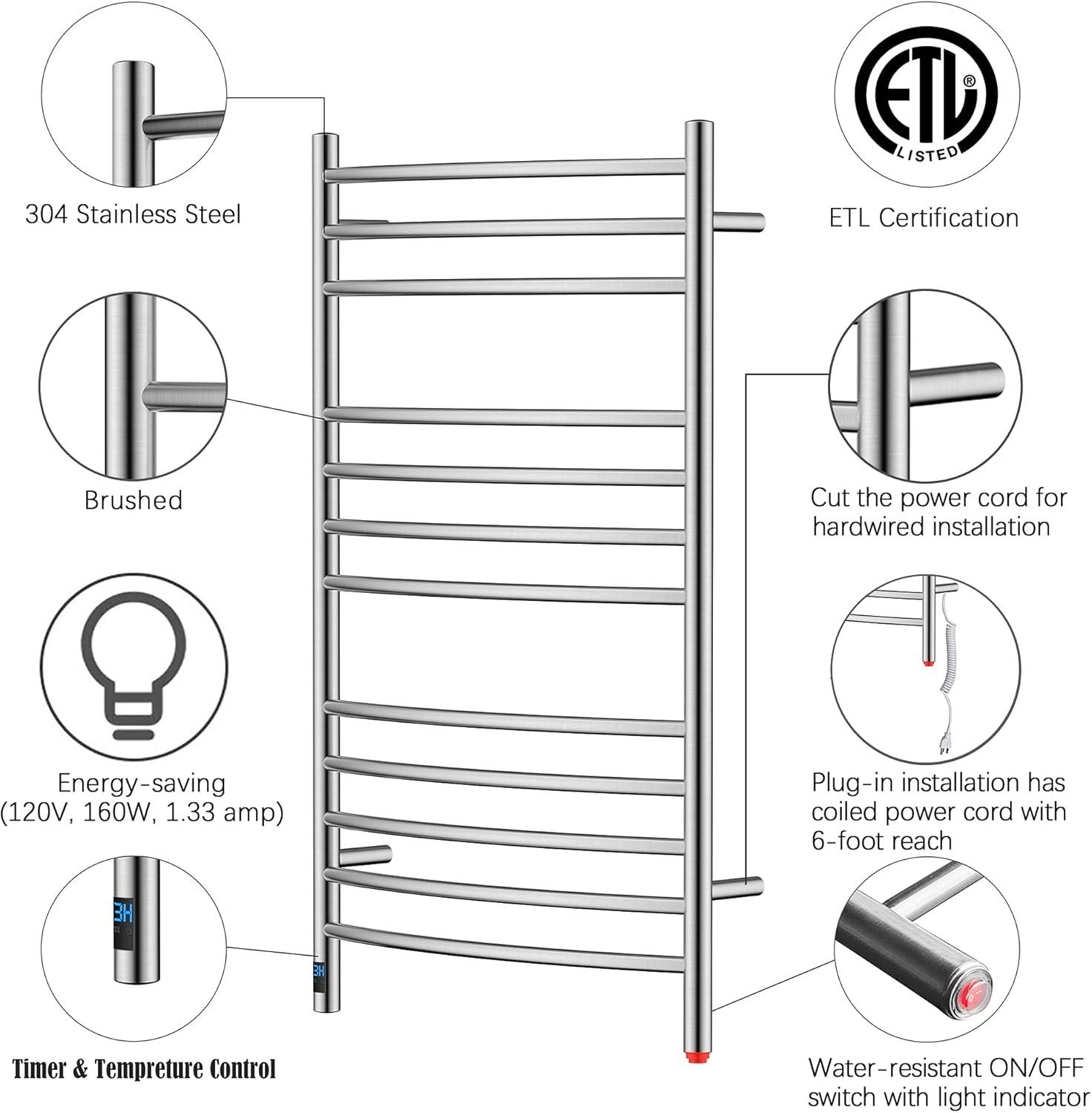 HEATGENE Towel Warmer Wall Mount Electric Plug-in/Hardwired Heated Towel Rack Mirror Polish