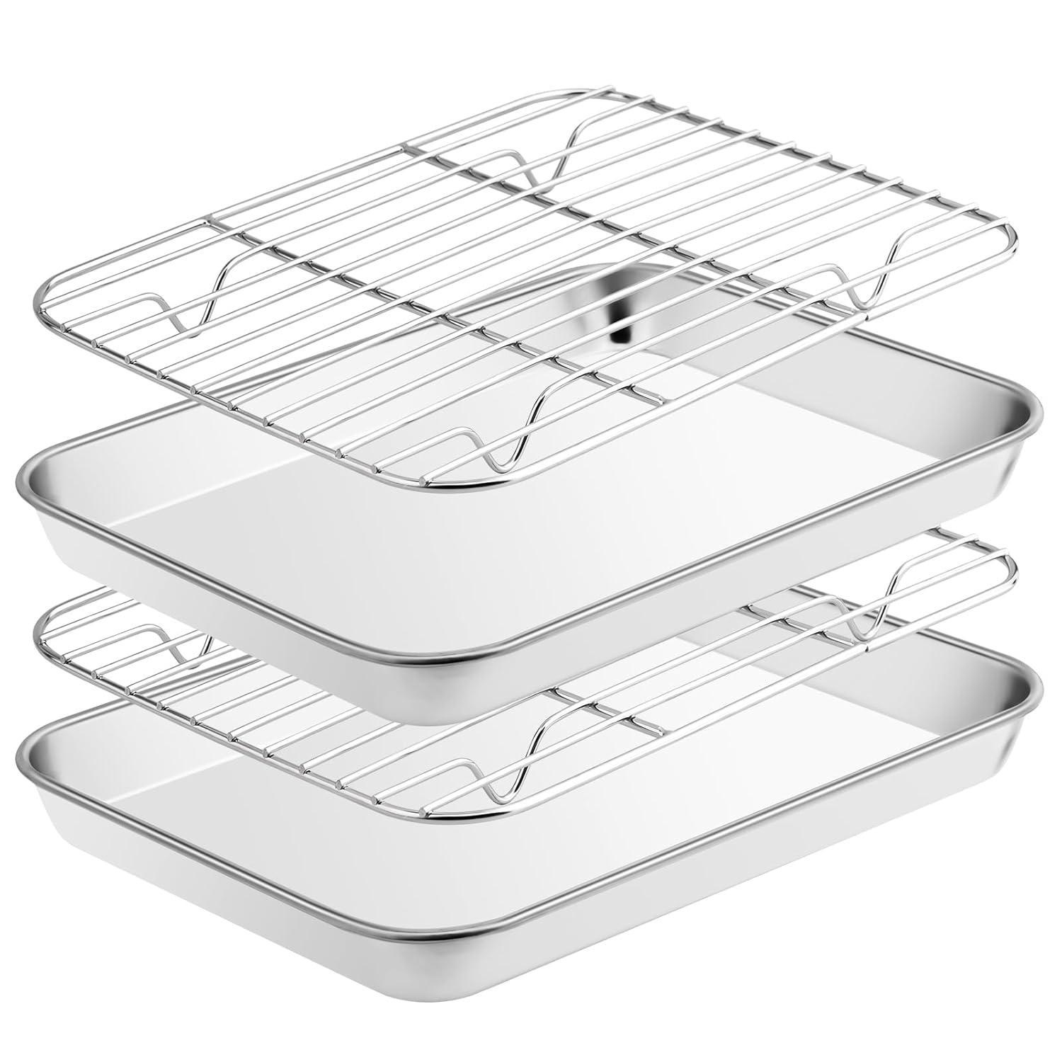Baking Sheet with Rack Set [2 Pans + 2 Racks ] HKJ Chef Stainless Steel Cookie Sheet Baking Pan Tray with Cooling Rack, Size 9x7x1 Inch, Non Toxic & Heavy Duty & Easy Clean