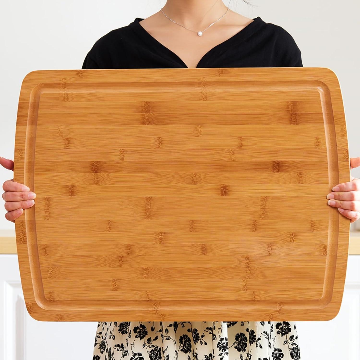 2024 New 24 Inch Extra Large Bamboo Cutting Board for Kitchen, Heavy Duty Wood Kitchen Stovetop Cover Chopping Board with Side Handles and Groove, 100% Organic Bamboo