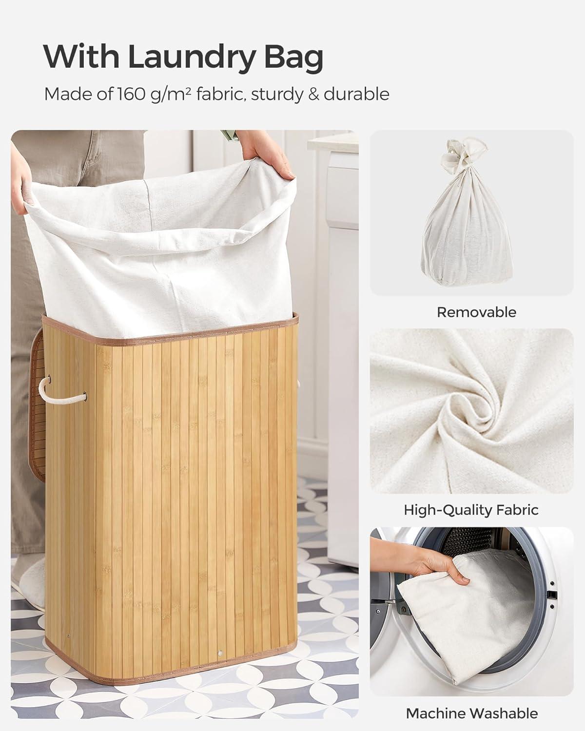 Natural Bamboo Foldable Laundry Hamper with Lid and Handles