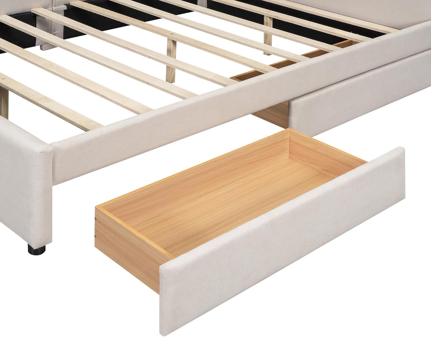DreamBuck Queen Size Daybed with 2 Drawers, Wood Upholstered Bed Frame with USB Port and Storage, Linen Fabric Daybed, Queen Bed Frames for Bedroom, Living Room, No Box Spring Needed