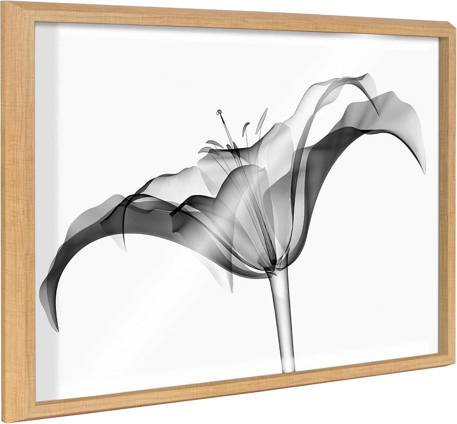 Natural Wood Framed Black and White Floral Glass Print