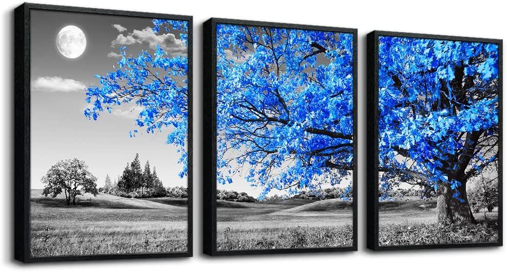 Wall Art For Living Room black and white Blue tree moon Canvas Wall Decor for Home artwork Painting 12" x 16" 3 Pieces Canvas Print For bedroom Decor Modern Salon kitchen office Hang a picture