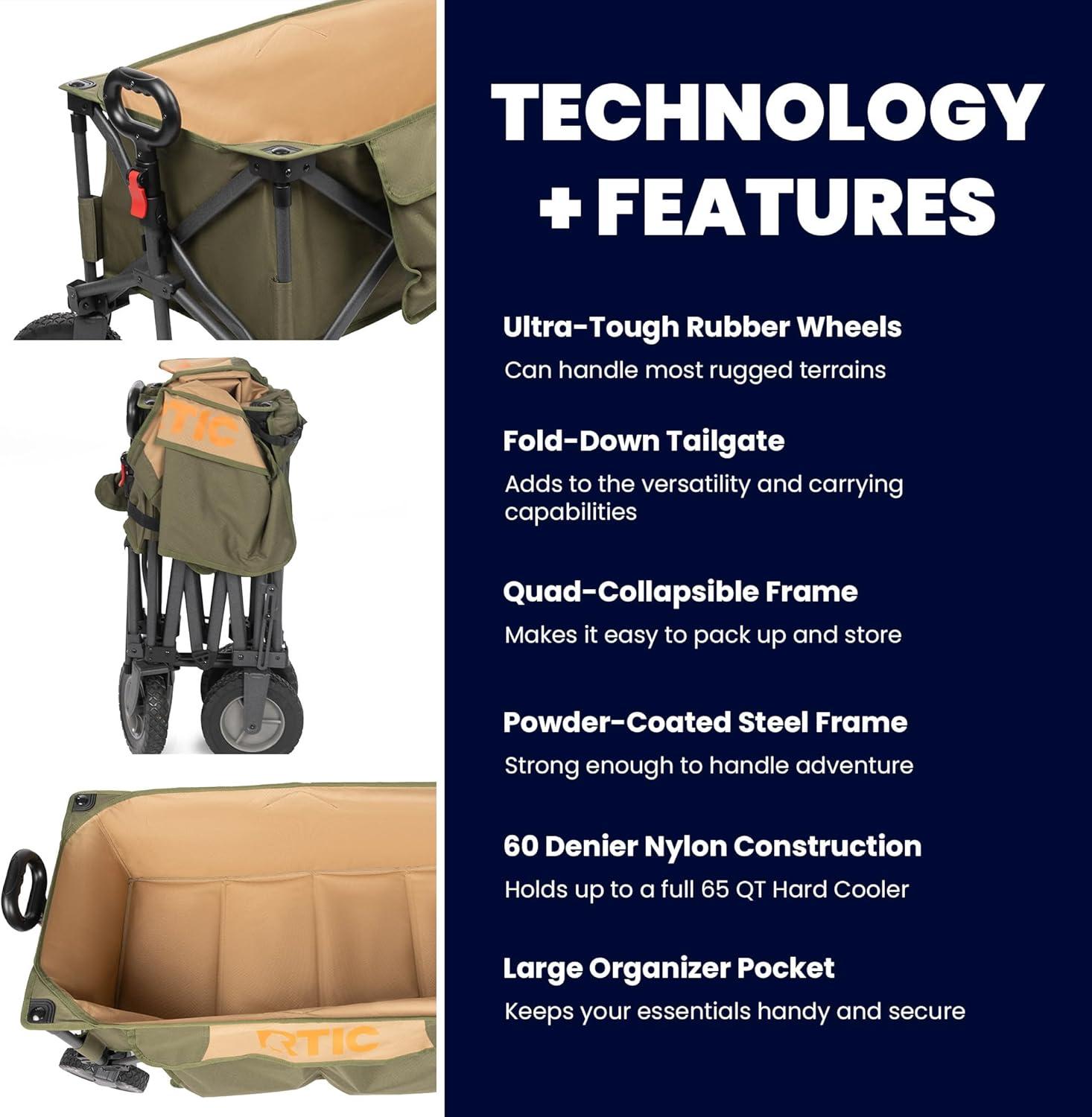 RTIC Ultra-Tough Wagon Folding Utility Cart with All-Terrain Wheels, Foldable, Portable, Collapsible, Push Pull Cart for Camping, Beach, Garden, Outdoor, Sports, 250 Lbs Capacity, Trailblazer