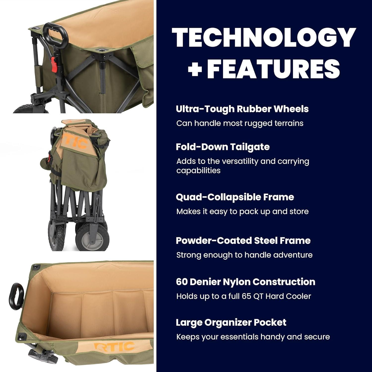 RTIC Ultra-Tough Wagon Folding Utility Cart with All-Terrain Wheels, Foldable, Portable, Collapsible, Push Pull Cart for Camping, Beach, Garden, Outdoor, Sports, 250 Lbs Capacity, Trailblazer