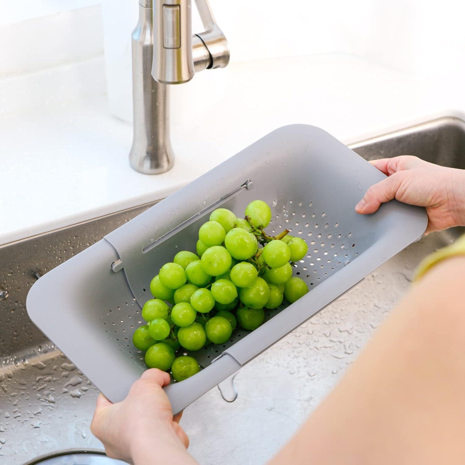 BLUE GINKGO Adjustable 3-in-1 Sink Colander, Plastic Strainer Basket | Gray