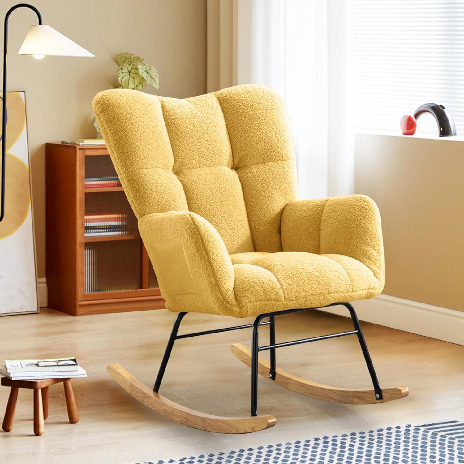 Nursery Rocking Chair Teddy, Upholstered Glider Rocker with High Backrest, Comfortable Stylish Accent Armchair with Padded Seat for Living Rooms, Bedrooms, Offices