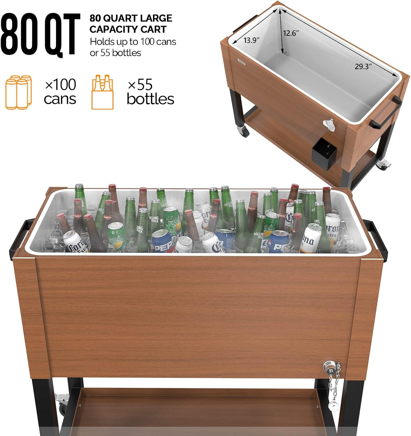 VINGLI 80 Quart Rolling Ice Chest on Wheels, Patio Cooler Cart with Waterproof Cooler Cart Cover, Beverage Rolling Cooler for Outdoor Patio Deck Party