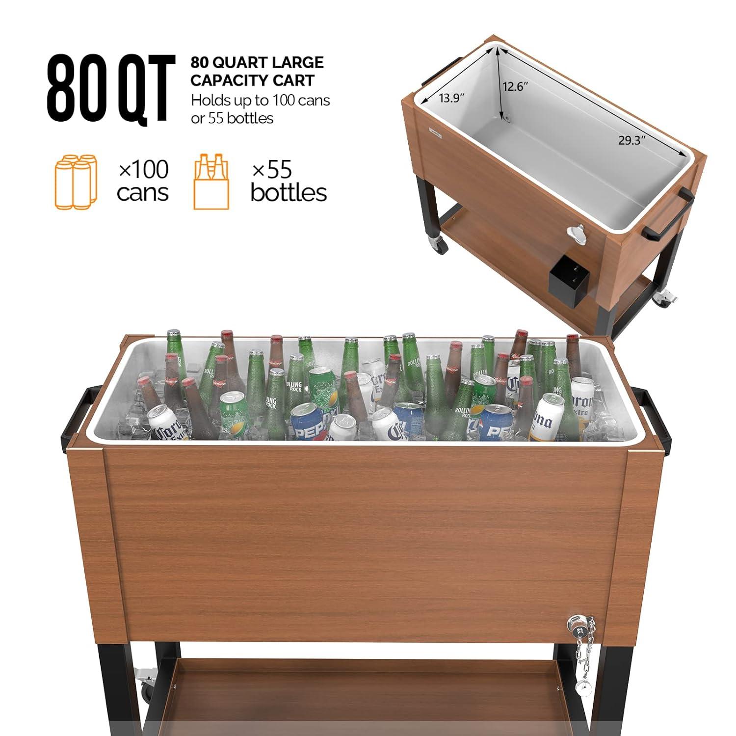 VINGLI 80 Quart Rolling Ice Chest on Wheels, Patio Cooler Cart with Waterproof Cooler Cart Cover, Beverage Rolling Cooler for Outdoor Patio Deck Party