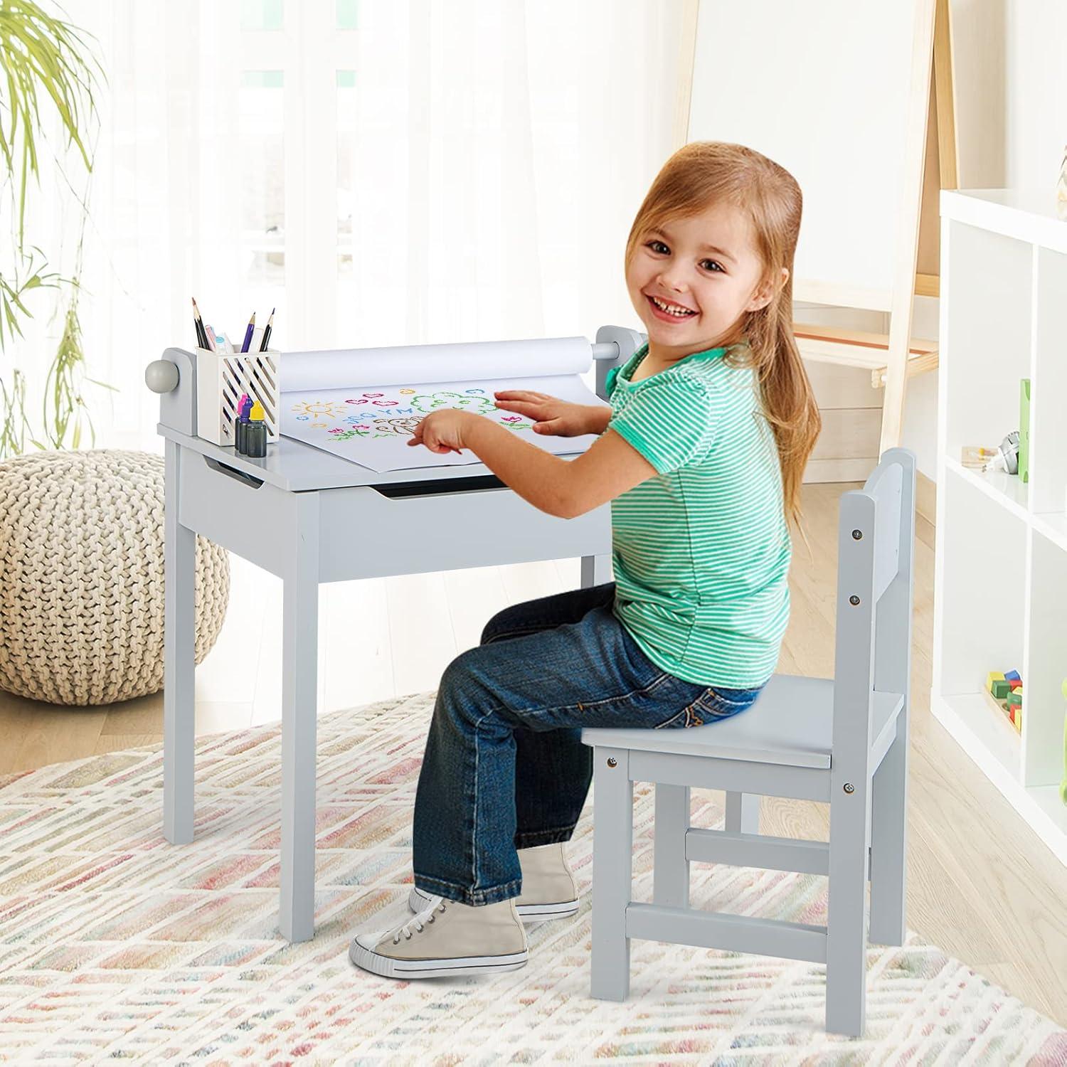 Gray Wooden Kids Activity Table and Chair Set with Storage