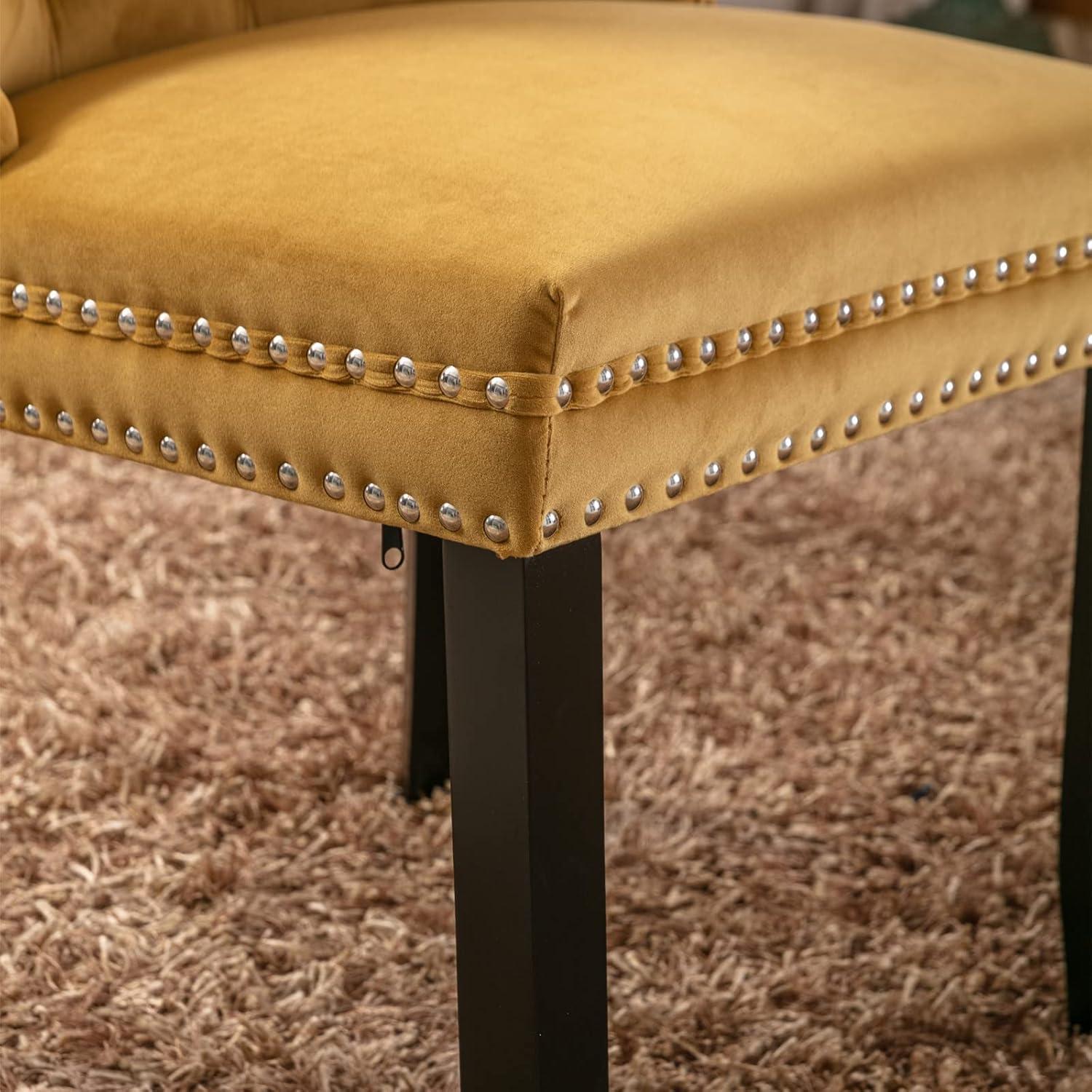 Luxurious Golden Velvet Tufted Dining Chair Set with Wood Legs and Nailhead Trim - Set of 2