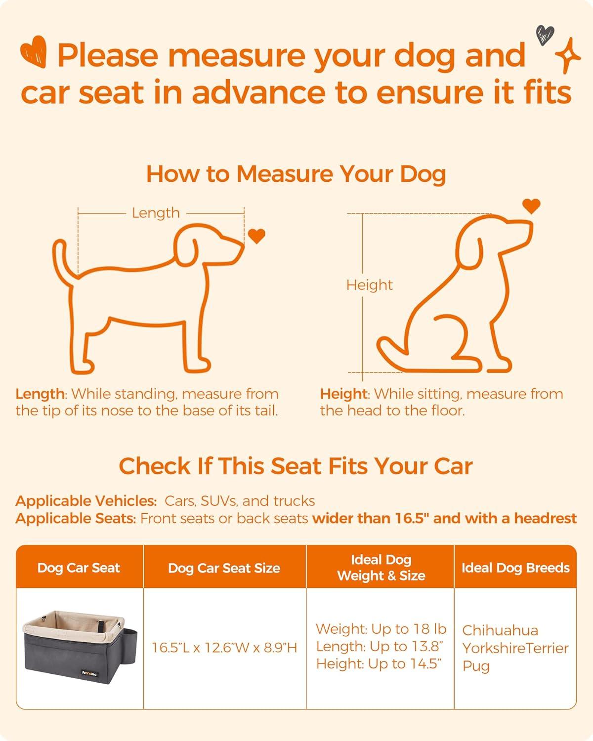 Feandrea Dog Car Seat, Pet Booster Seat for Small Dogs up to 18 lb, with Adjustable Straps, Removable Washable Fleece Liner, 4 Pockets, for Front Seats, Back Seats, Gray and Beige UPBS042G01