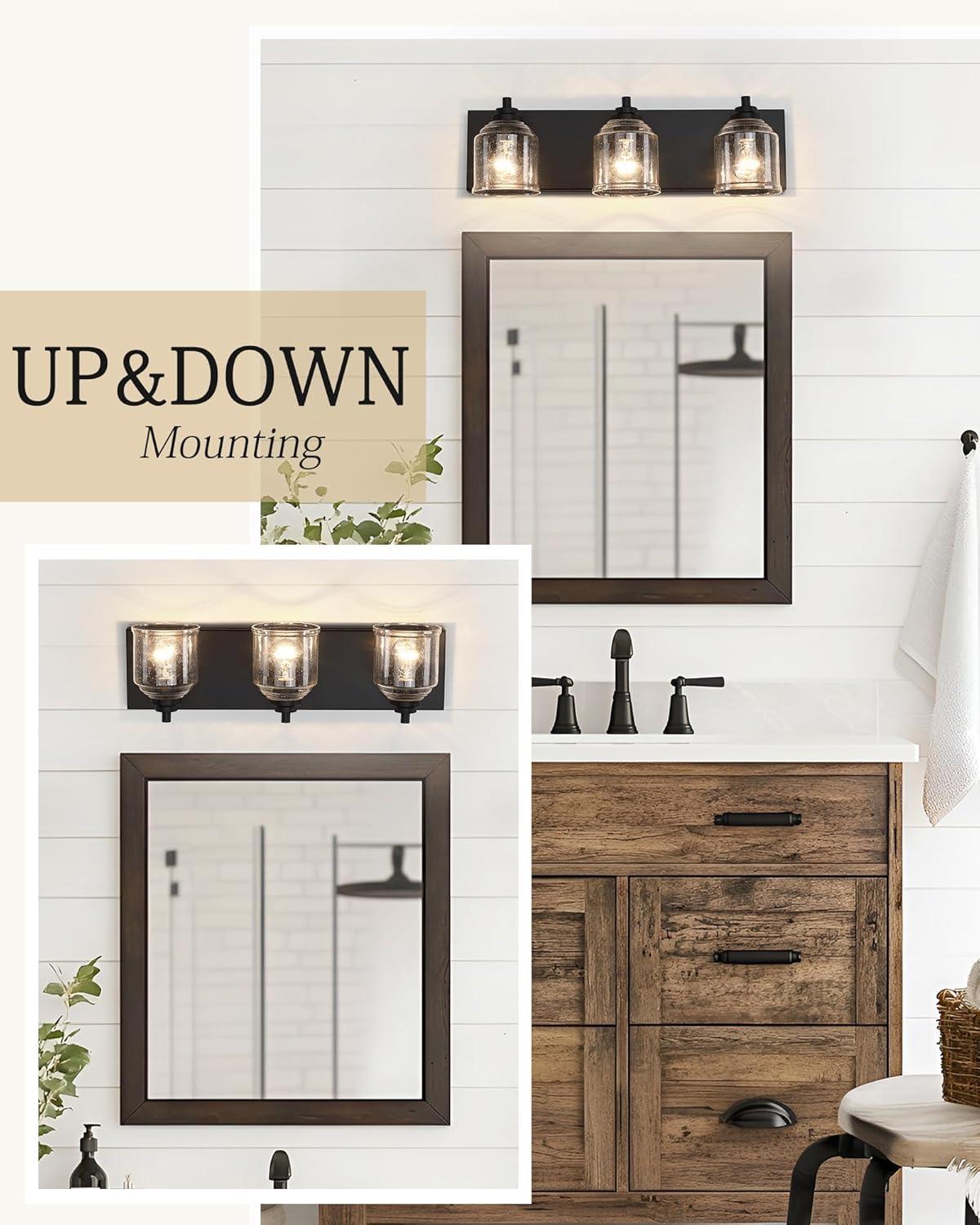 Vanity Lights for Bathroom Large 23", Farmhouse Rustic Vanity Light with Bubble Glass Shades, Black 3 Light Bathroom Lighting Fixtures Over Mirror, Bath Wall Sconce Home Decor