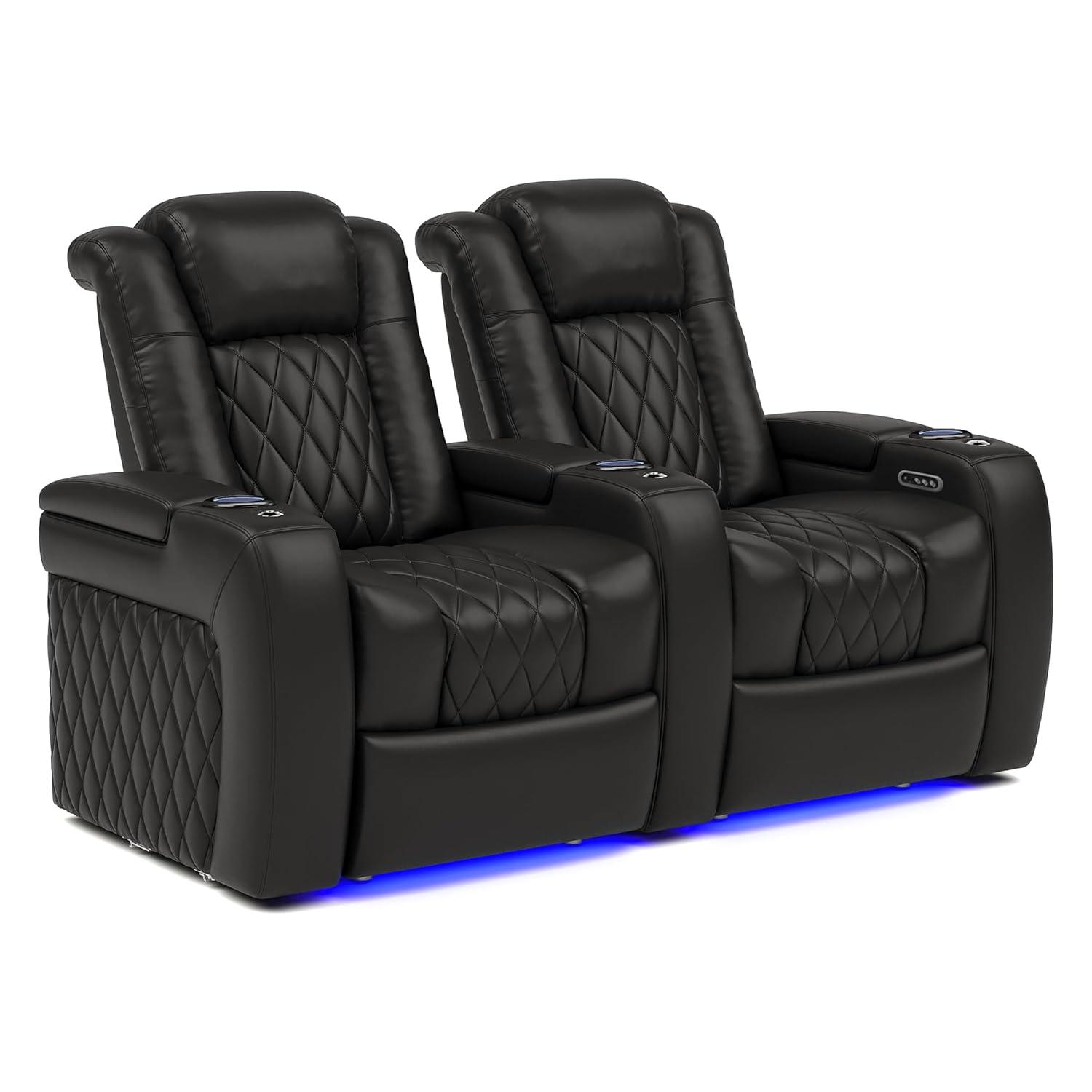 Valencia Tuscany Home Theater Seat - Nappa Leather Power Recliner with Cool Gel Memory Foam, USB-C/USB-A Charging, RGB LED Lights, Adjustable Lumbar & Headrest (Row of 2, Black)