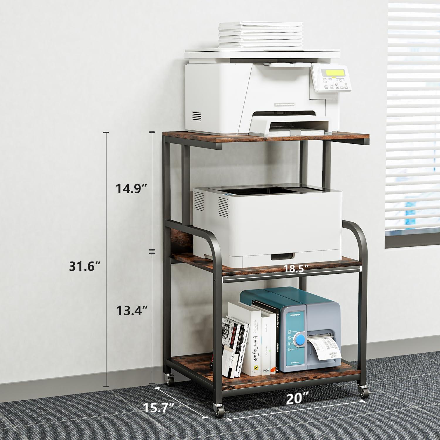 EasyCom 20''x15.7''Large Printer Stand-3 Tier Printer Table with Wheels- Printer Storage Cart- Rolling Printer Cart with Storage Shelf for Printer Scanner Fax Home Office Use- Rustic Brown
