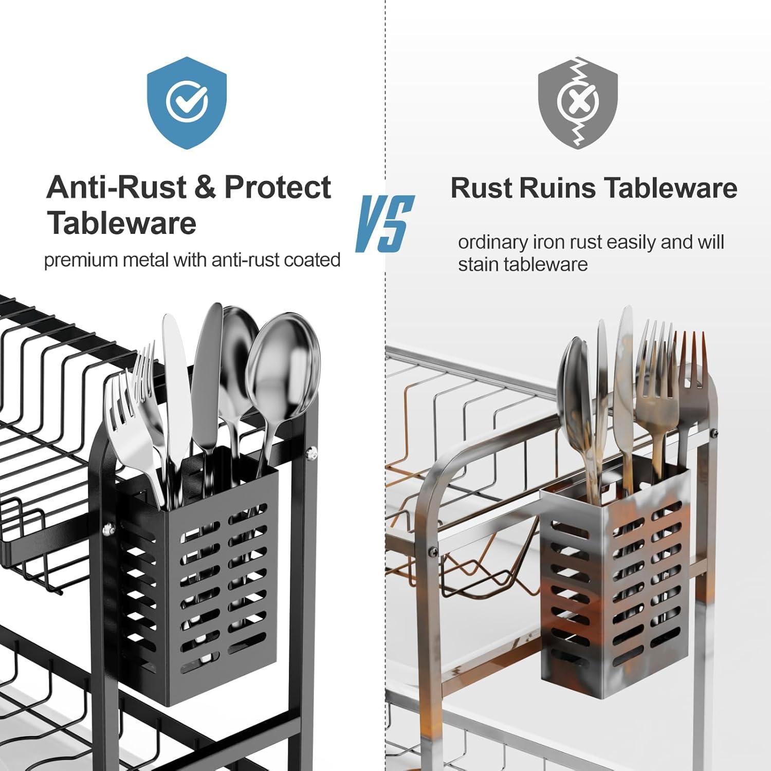 2 Tier Dish Drying Rack for Kitchen Counter，Stainless Steel Large Capacity Dish Rack with Detachable Dish Drainer Organizer，Utensil Holder and Drain Board