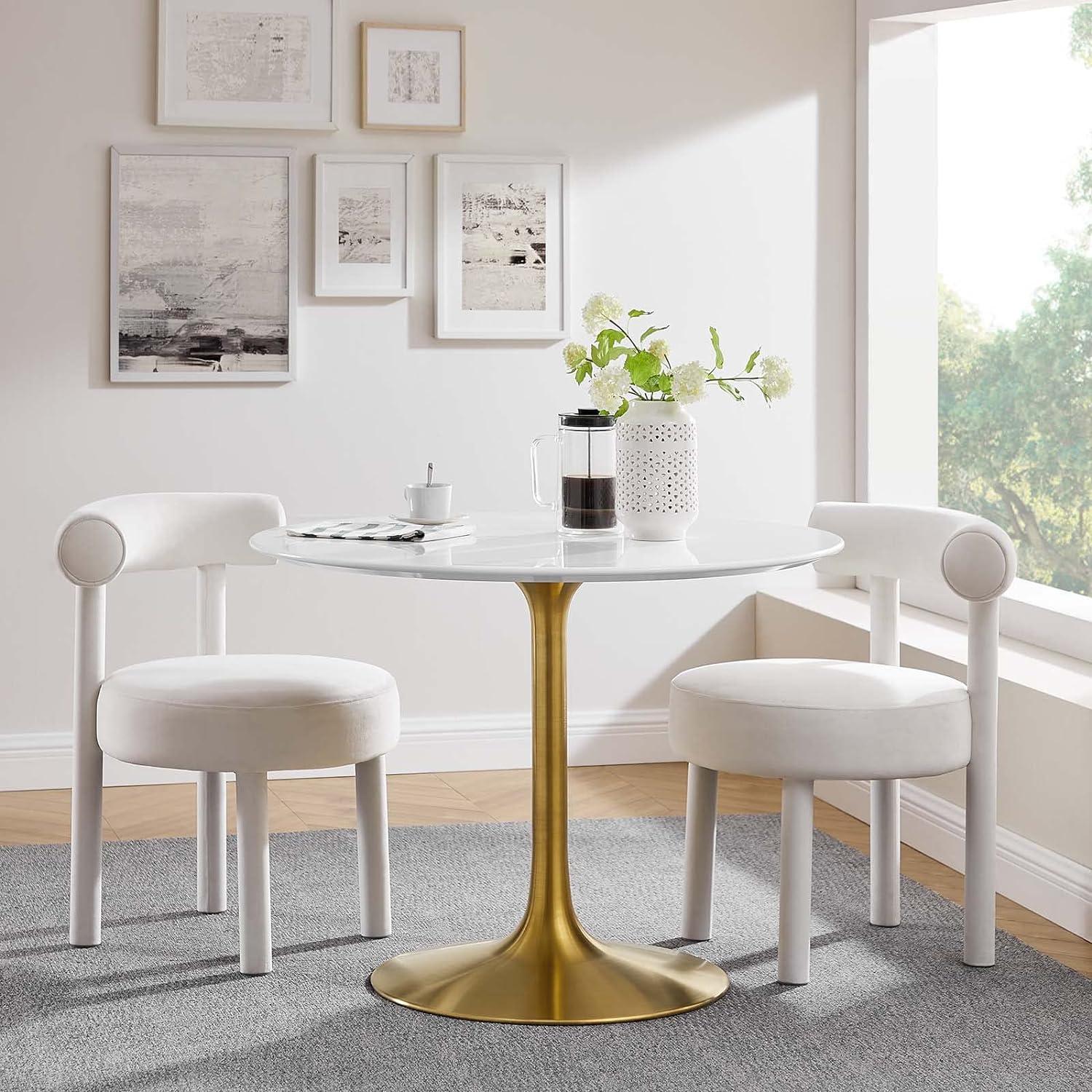 Mid-Century Modern 40" Round White Dining Table with Gold Metal Base