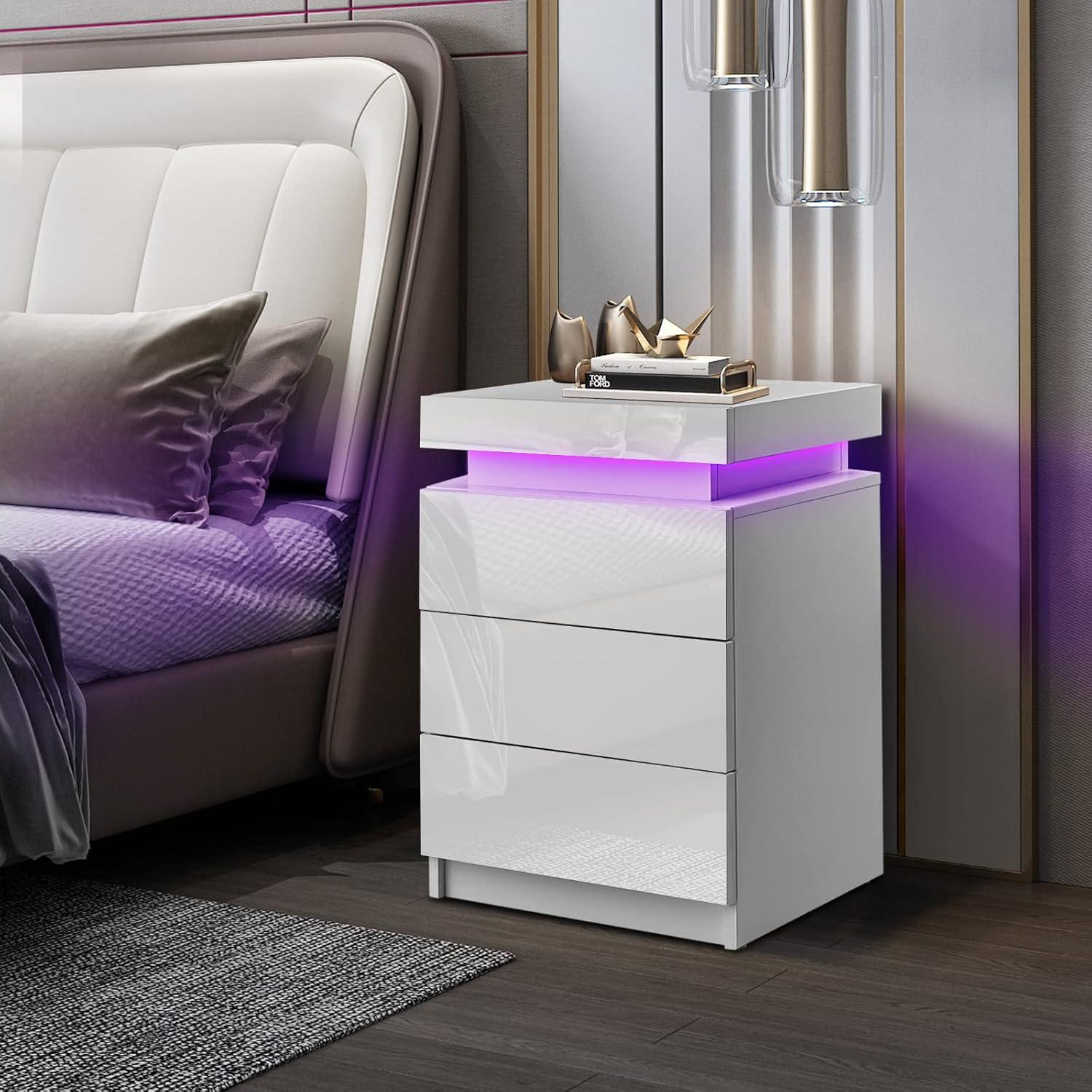 White High Gloss 3-Drawer Nightstand with LED Lights