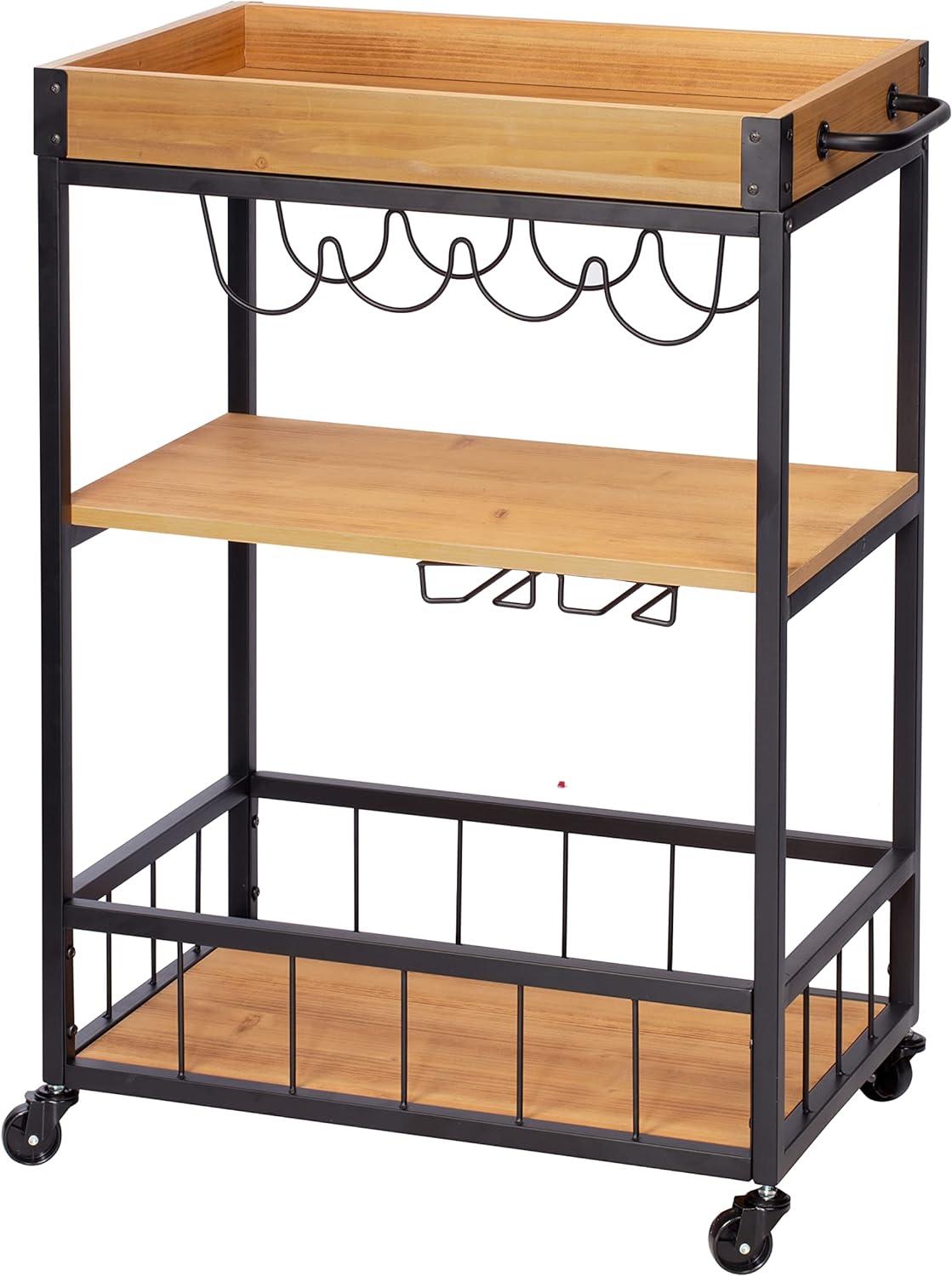 Rustic Fir & Dark Steel Rolling Bar Cart with Wine Storage