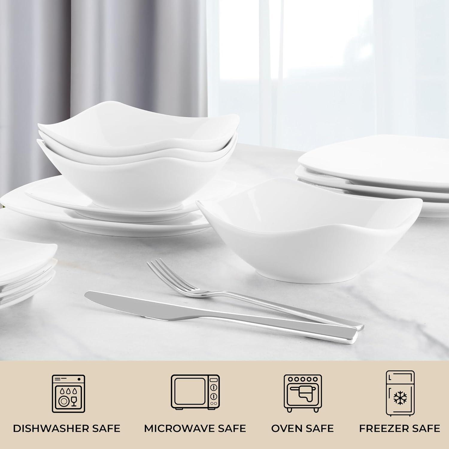 Zulay Kitchen Luna Dinnerware Set, 16 Piece Modern Porcelain Dish Set for 4, Chip and Scratch Resistant Square Plates and Bowls Sets, Microwave and Dishwasher Safe, Pearl White