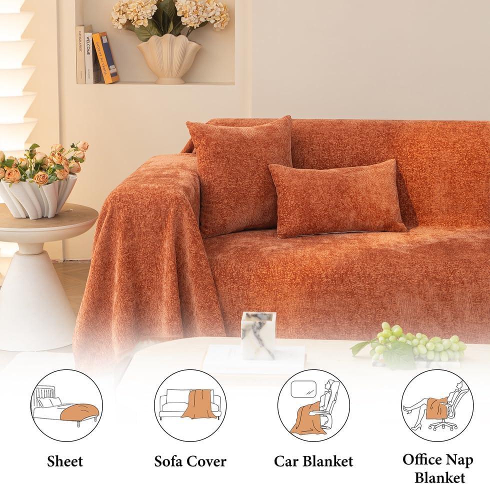 AMWAN Nordic Style Slub Chenille Sofa Cover Burnt Orange Couch Cover Slipcover for 3 Cushion Couch Sectional L Shaped Dogs Pets Sofa Protector 71"x134"