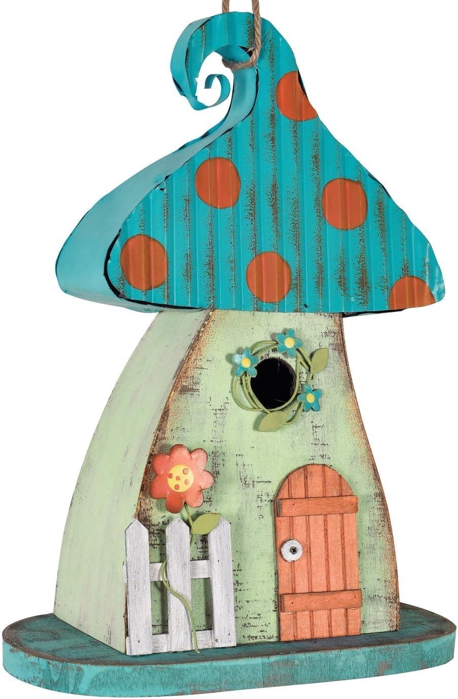 Whimsical Turquoise and Orange Mushroom Birdhouse with Coral Door