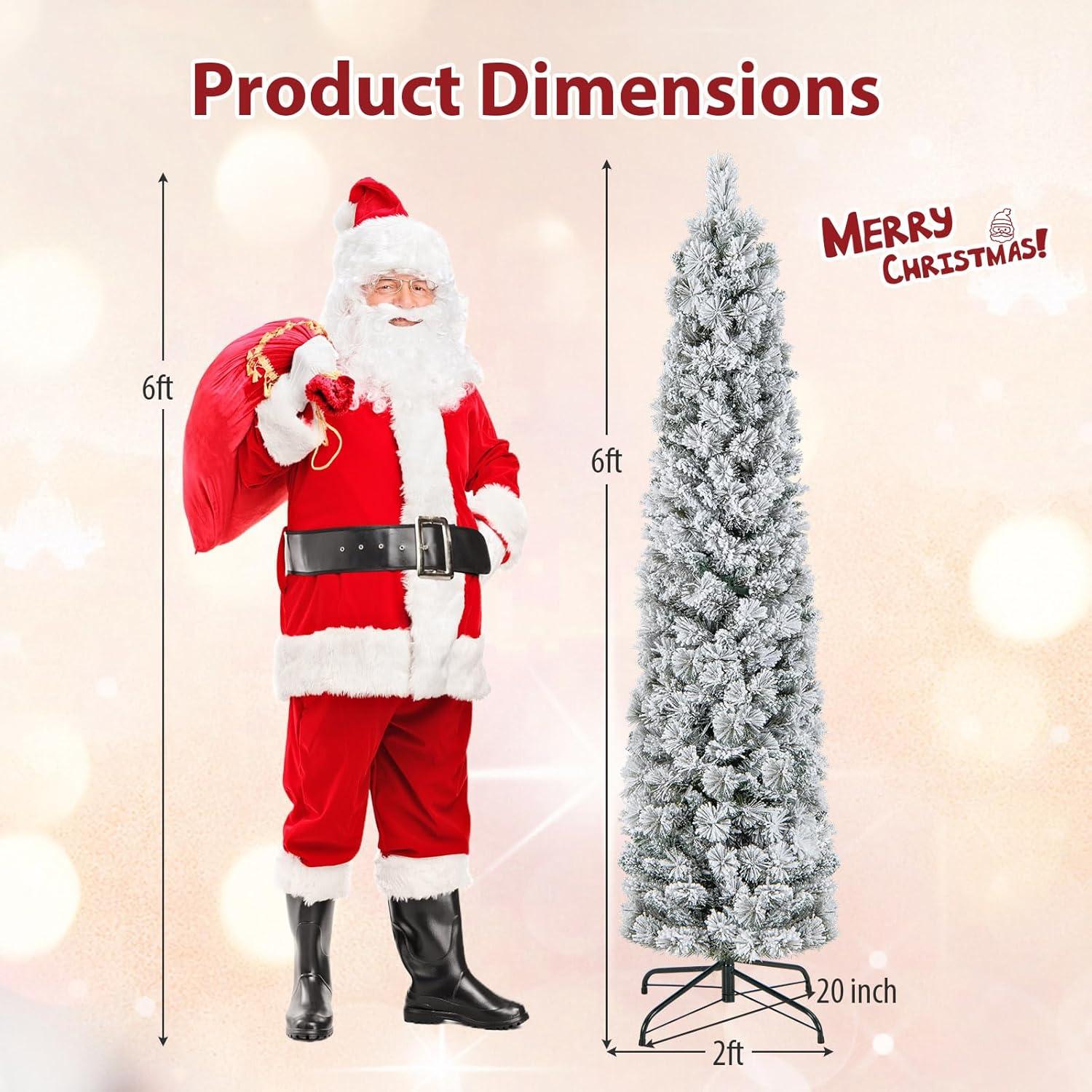 Tangkula 4.5/6/7FT Pre-lit Artificial Christmas Tree Snow-flocked Pencil Xmas Tree with 100/150/210 Warm White Lights 258/373/466 Branch Tips