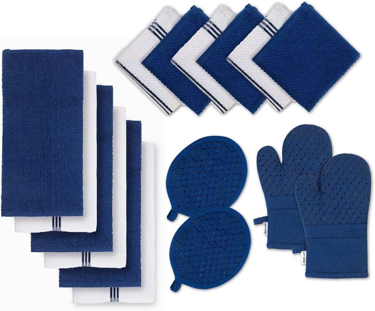 Indigo Cotton Kitchen Towel Set with Silicone Oven Mitts and Pot Holders, 16-Piece