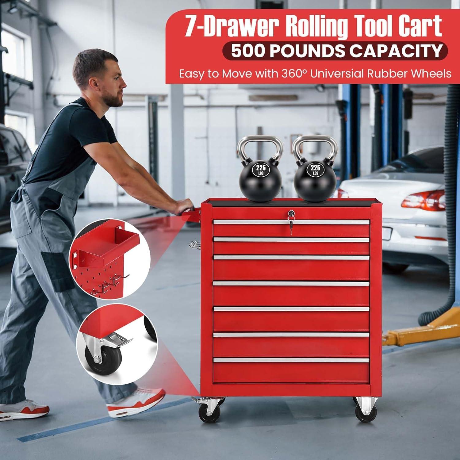 Rolling Tool Chest with 7-Drawer, Tool Box with Wheels and Keyed Locking, Multifunctional Tool Cart , Mechanic Tool Storage Organizer for Garage, Warehouse, Workshop, Repair Shop