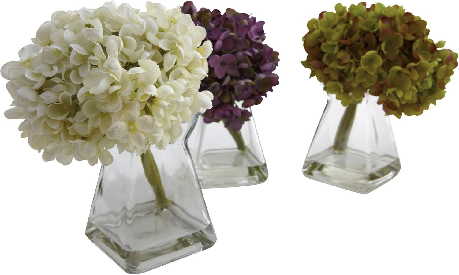 Set of 3 Multicolor Artificial Hydrangea Arrangements with Glass Vases