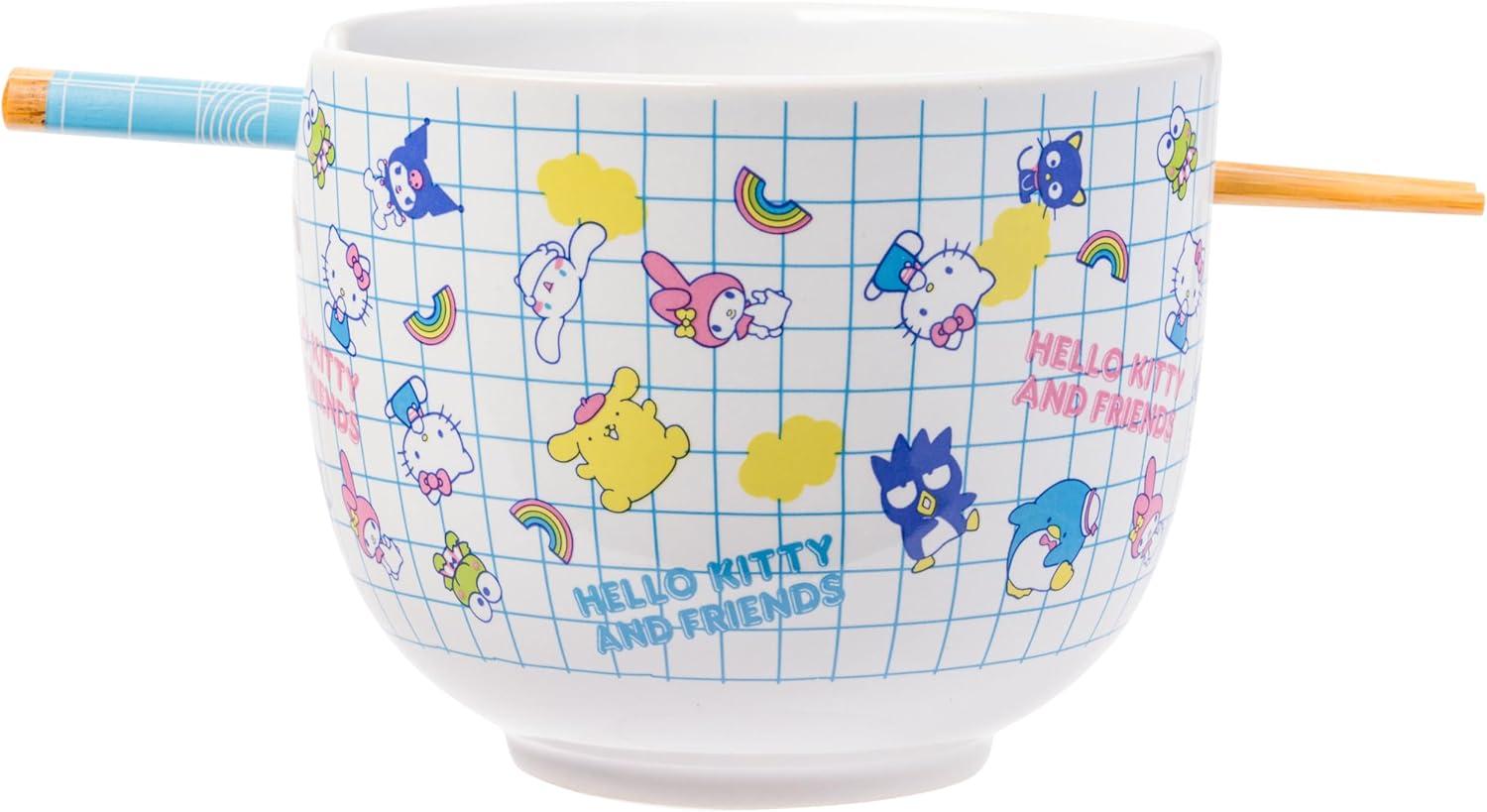 Silver Buffalo Hello Kitty and Friends Kuromi, Keroppi, Chococat, My Melody, Tuxedo Sam, Badtz-Maru, Tuxedo Sam, Pompompurin, Cinnamoroll Ceramic Ramen Noodle Rice Bowl with Chopsticks, 20 Ounces