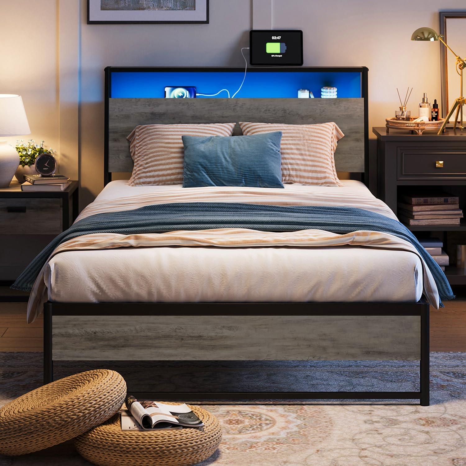 Linsy Home Queen Size Platform Bed Frame with Headboard and 3 Storage Shelves, Metal Bed with Lights, Outlets & USB, Light Grey, Mattress Not Included