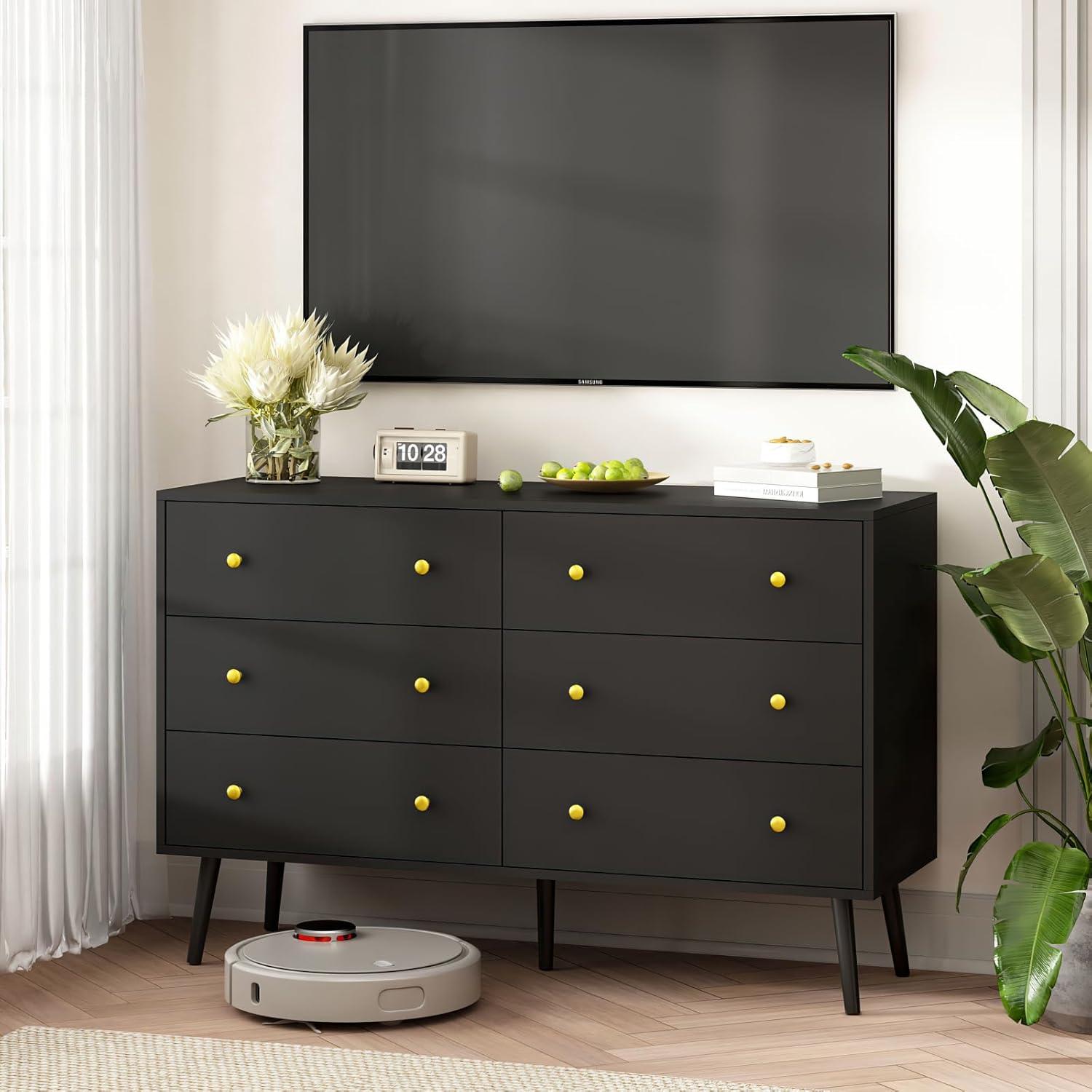 Black Dresser for Bedroom, Modern 6 Drawer Dresser, Wide Chest of Drawers with Gold Handles, Wood Double Dresser Storage Cabinet for Living Room, Bedroom, Hallway