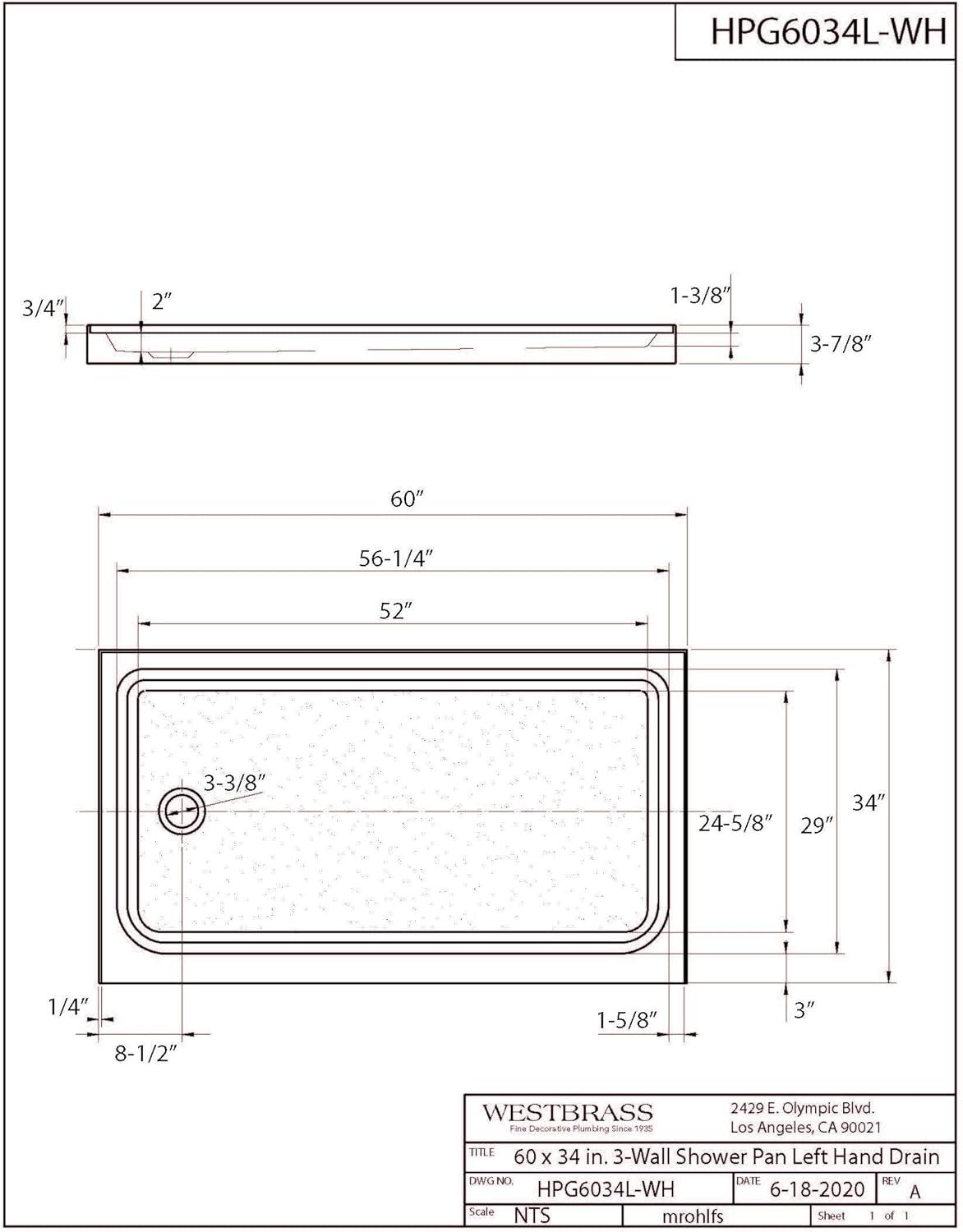 60'' White Acrylic Rectangular Shower Base with Polished Chrome Drain