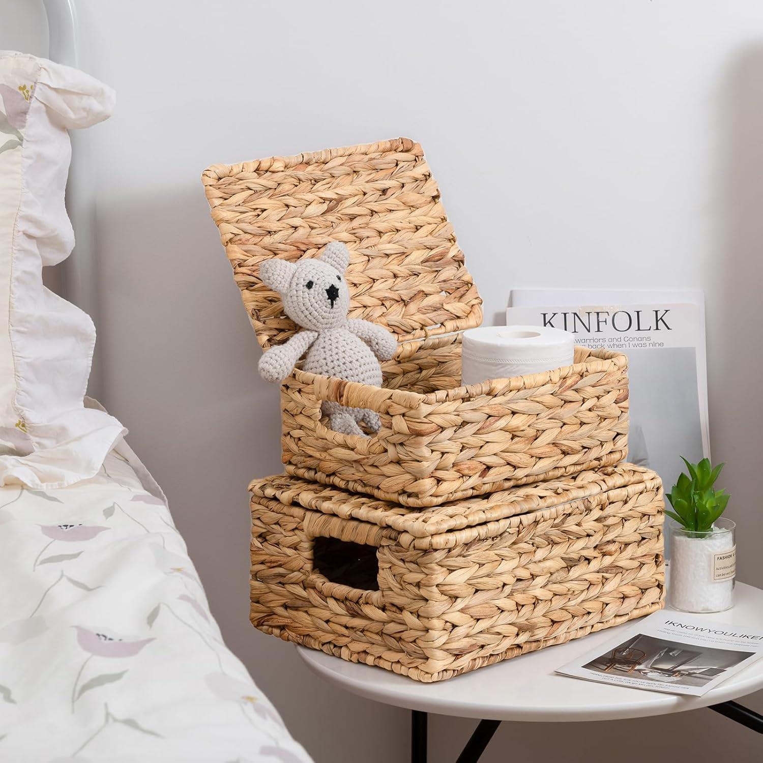 Gracie Oaks Wicker Storage Basket With Lid, Natural Decorative Wicker Basket For Shelf, Woven Baskets With Lids, 14In Lidded Basket, Rattan Storage Basket With Lid, Rattan Box Set Of 3 For Organizing