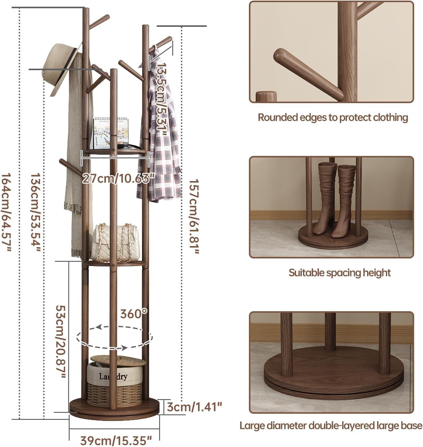 Walnut Solid Wood Rotary Coat Rack with Shelves and Hooks