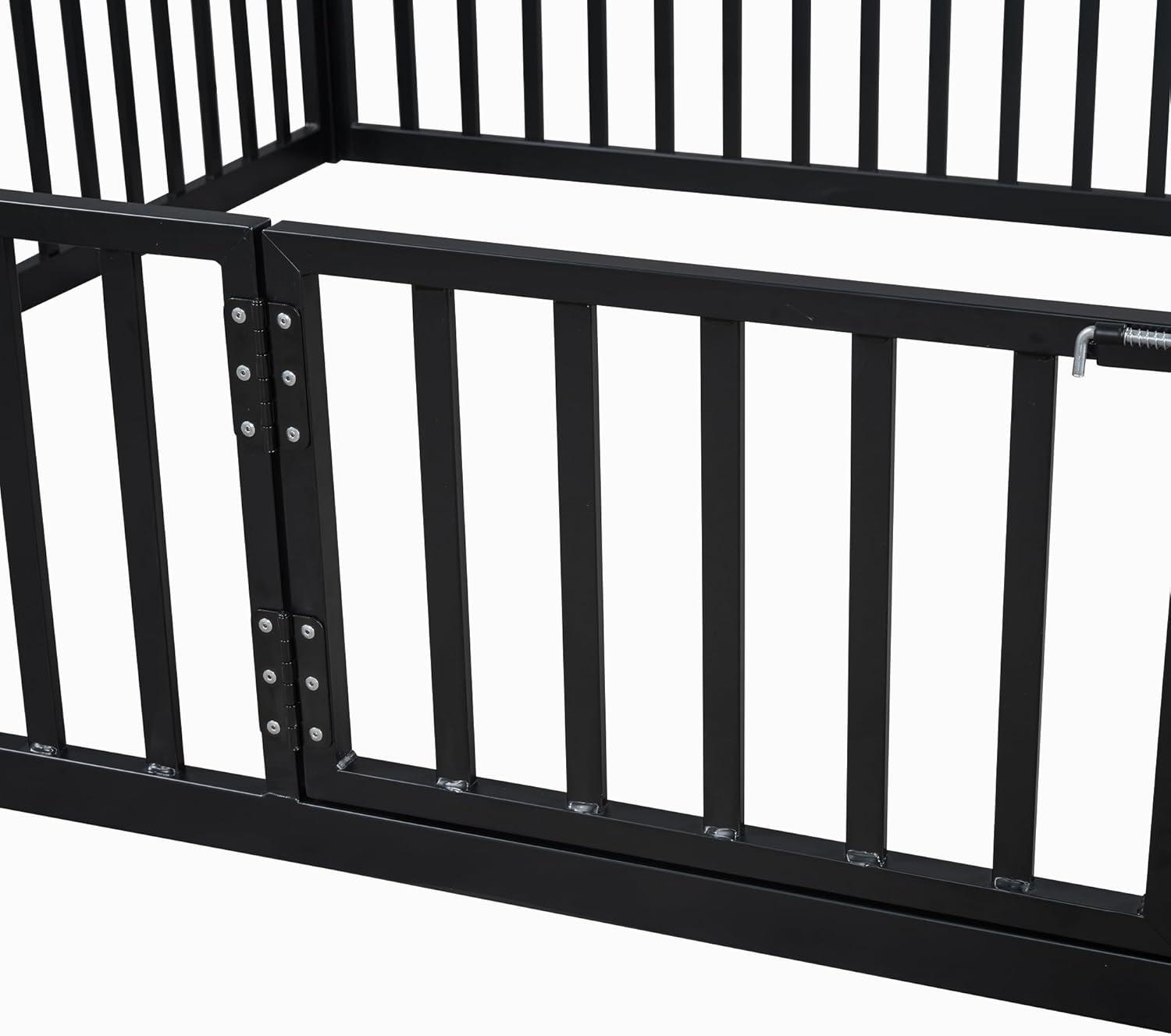 Full Floor Bed with Door and Fence, Metal Montessori Bed Full Size, Kids Montessori Floor Bed with Roof/House for Kids, Girls, Boys, White