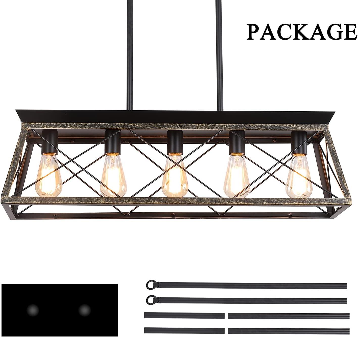 5-Light Farmhouse Chandeliers For Dining Room, Metal Rustic Pendant Island Light Fixture, Modern Rectangular Island Lights For Kitchen, Living Room Pure Black(No Bulbs)