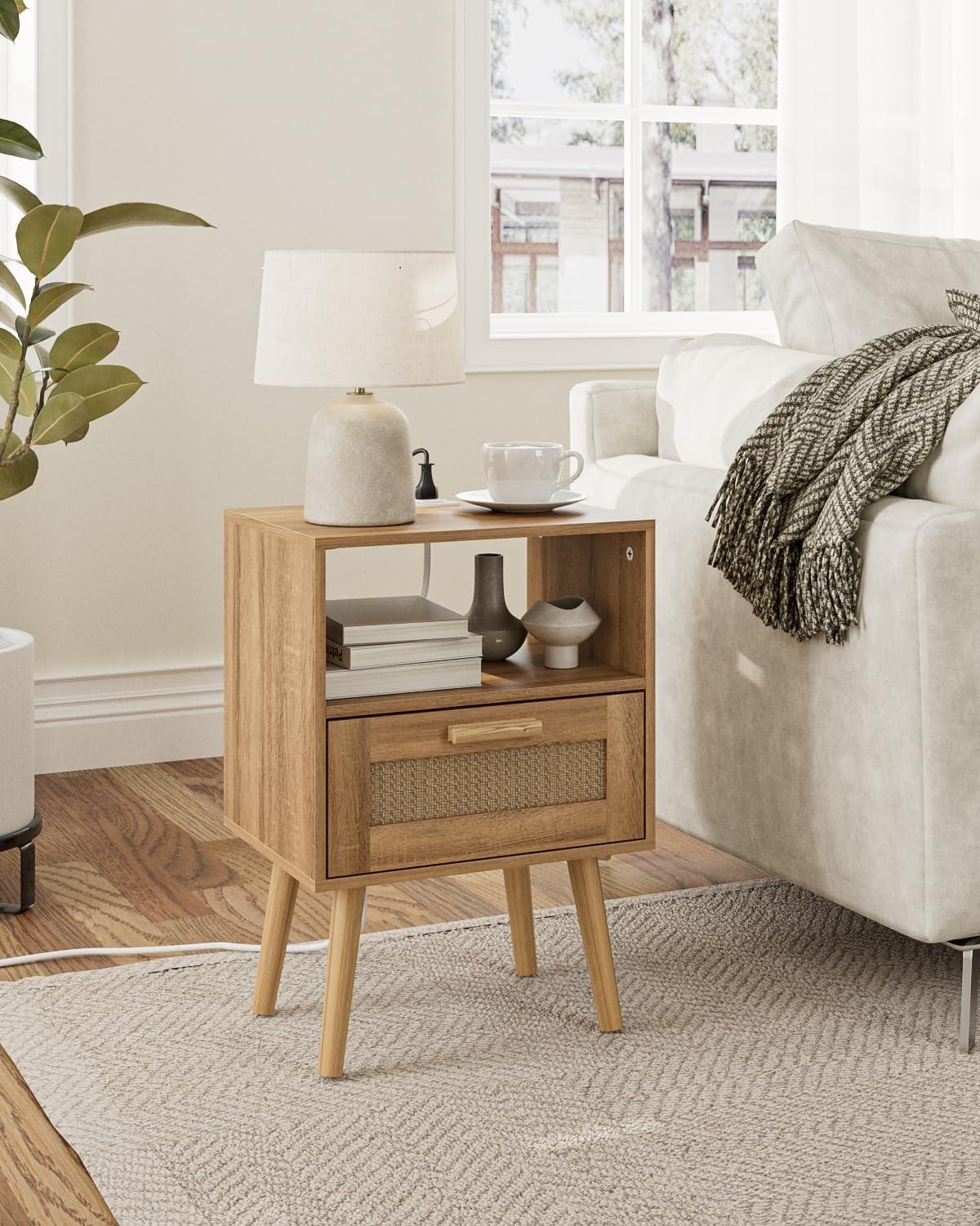 Rattan Nightstand with Charging Station, Small Night Stand, Side Table with Drawer Open Shelf, Cane Accent Bedside End Table with Wood Legs, Modern Nightstand for Bedroom, Oak (Modern)