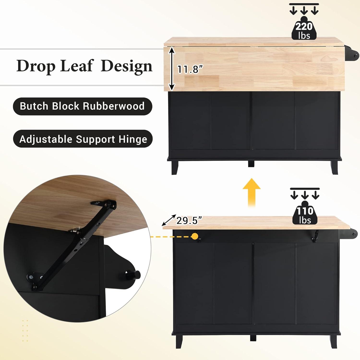 Harper & Bright Designs Kitchen Island Set with 2 Seatings and Drop Leaf, Farmhouse Dining Table Set with Storage Cabinet, Drawers and Towel Rack, Black