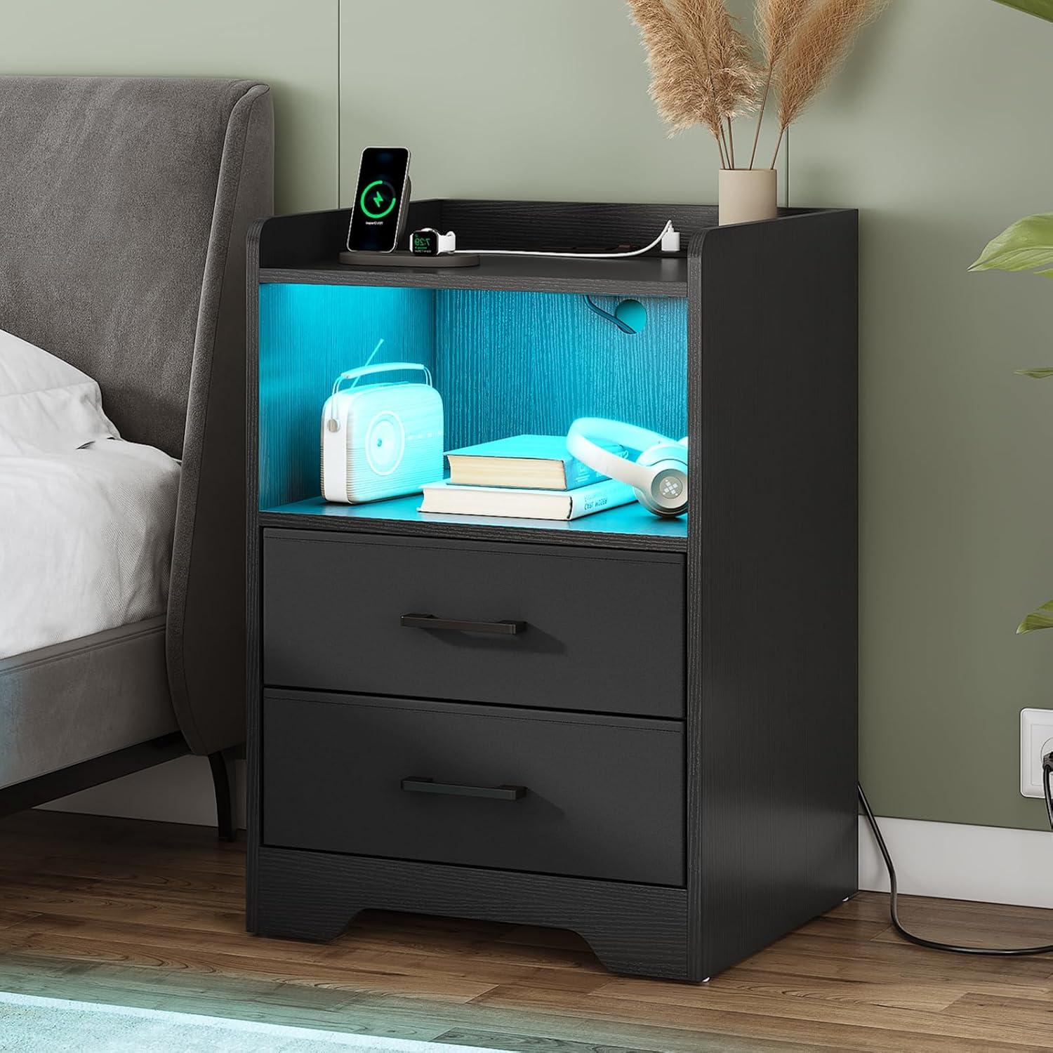 Black Nightstand Set of 2 with Outlets&USB Ports&LED Lights Modern Bedside Table Storage Cabinet with 2 Fabric Drawers for Bedroom