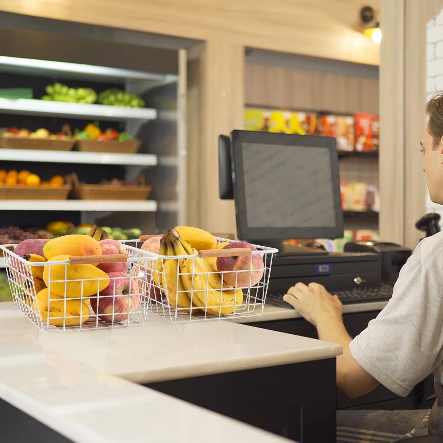 Wire Basket 2 Pcs Wire Storage Baskets Wire Baskets Organizing with Wooden Handles Wire Basket Pantry Organization and Storage Metal Wire Food Storage Basket for Kitchen, Cabinets (White 2PCS)
