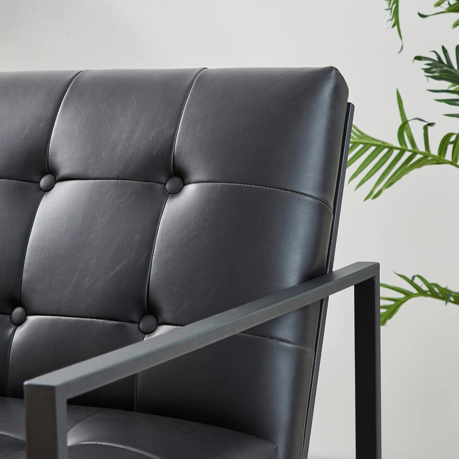 Glitzhome 31.50"H Accent Arm Chair PU Leather Button-tufted Ergonomic Chair with Black Metal Frame for Living Room Bedroom