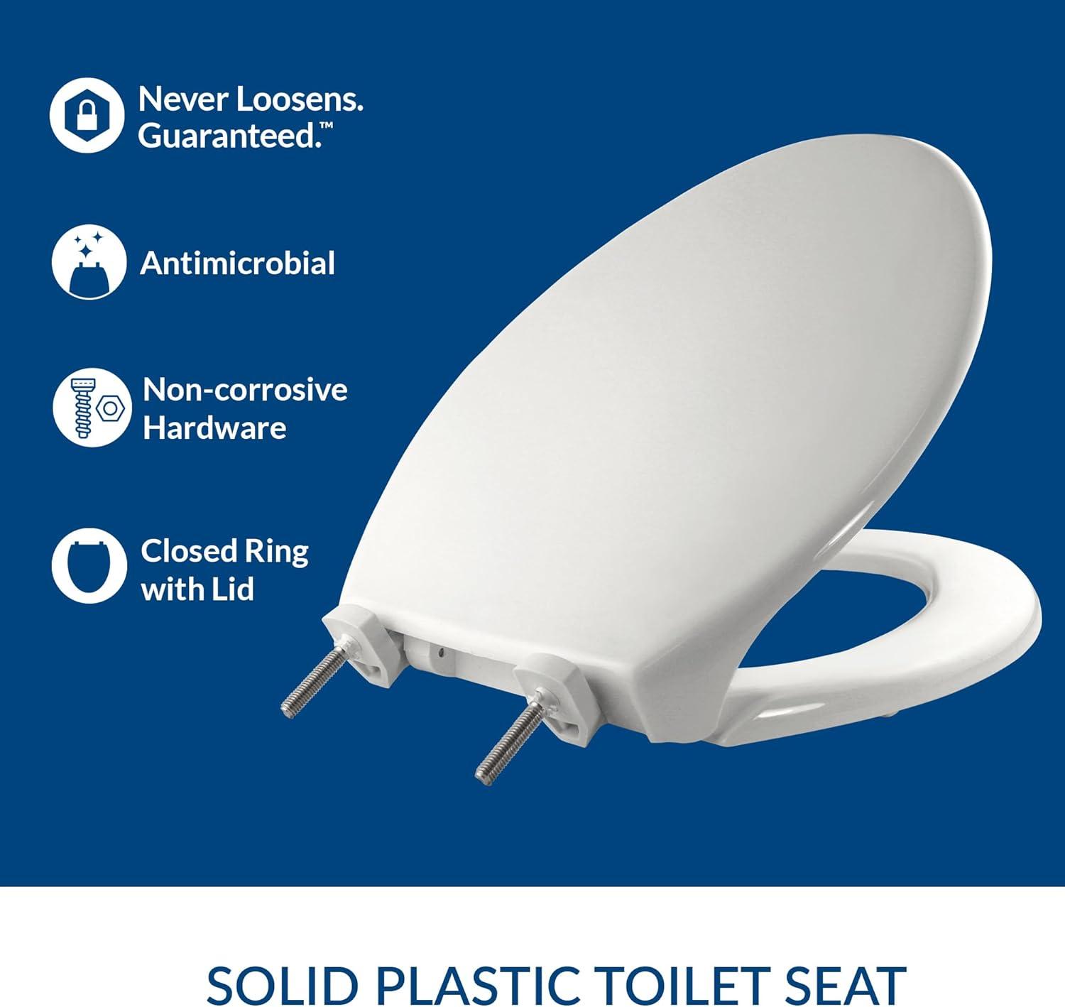 7800TDG Commercial Heavy Duty Closed Front Toilet Seat, Never Loosens, ELONGATED, Plastic, White