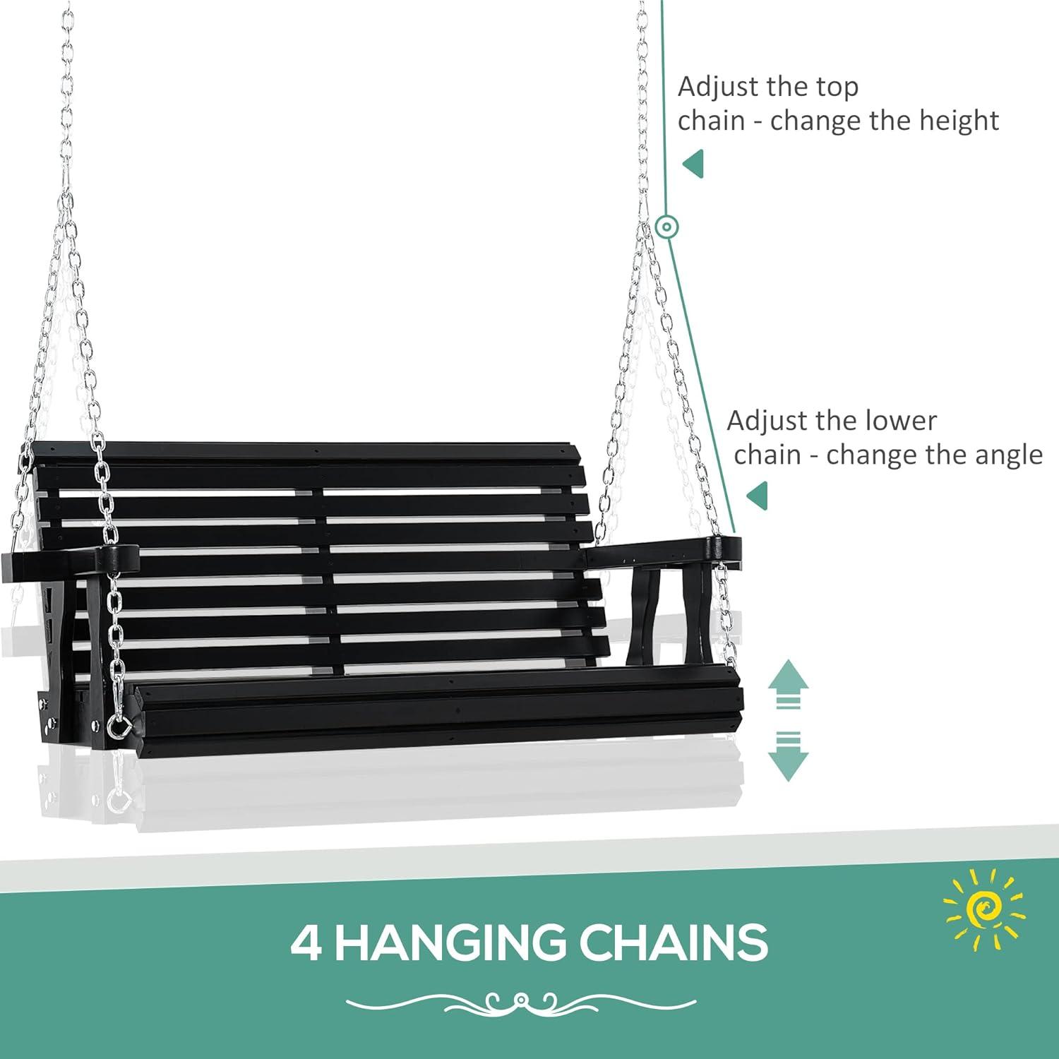 Outsunny 46" 2-Person Porch Swing Wooden Patio Swing Bench with Cup Holders, Slatted Design, & Chains Included, 440lb Weight Capacity, Black